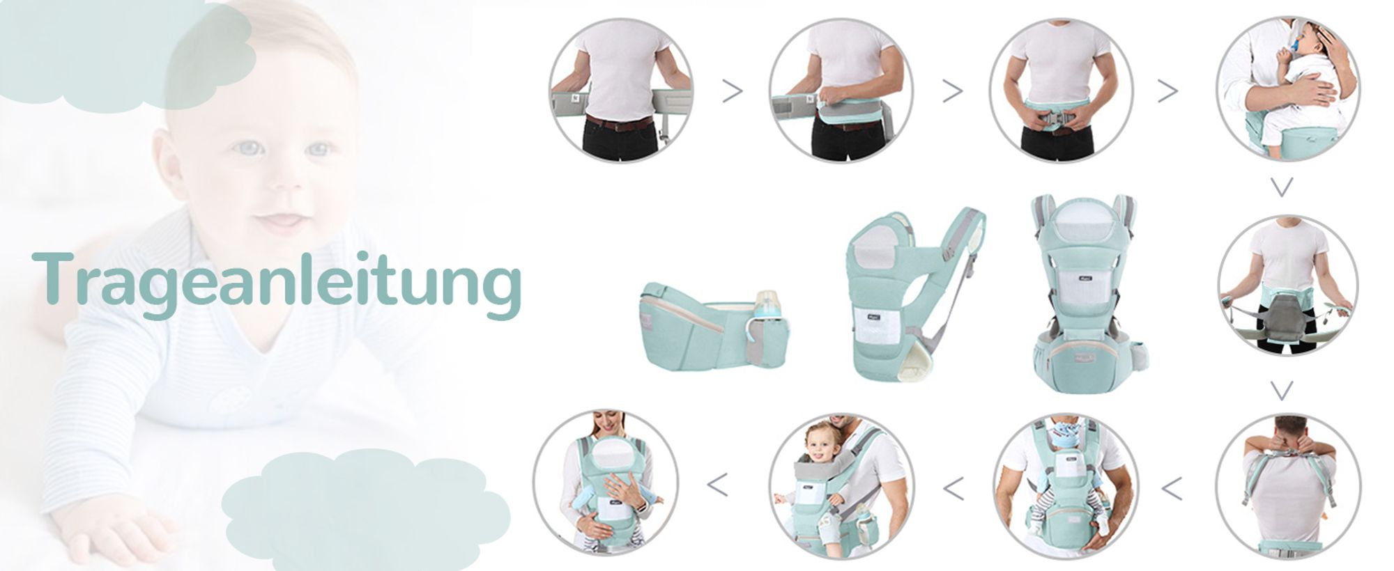 OKWISH Babytrage Bauch- & Rückentrage, Ergonomisch, für Neugeborene bis Kleinkinder (3-20kg), leicht, Baumwolle,Taillenumfang 71-118 cm, mit 3 Taschen, Grau