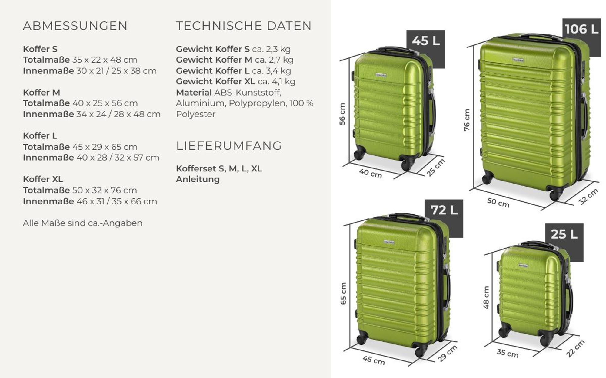 tectake® Hartschalenkoffer-Set 4-teilig, aus robustem ABS-Kunststoff