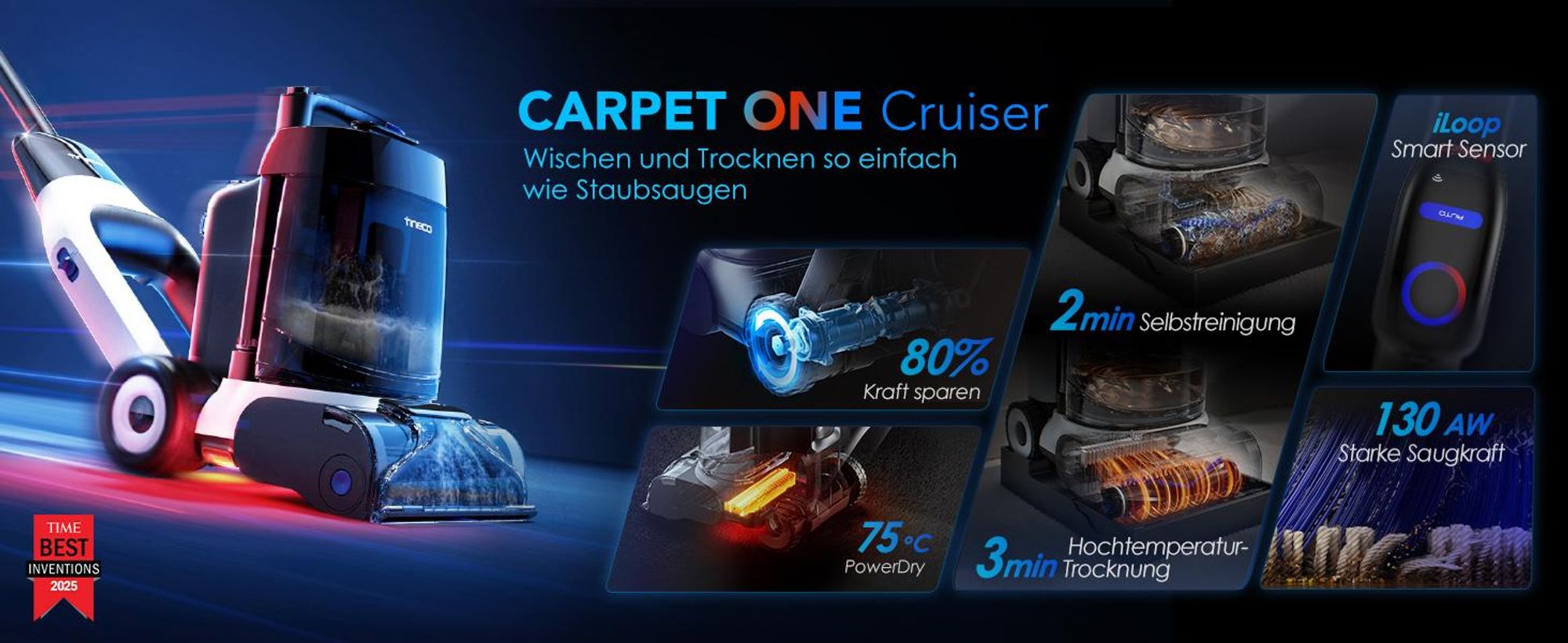 Tineco CARPET ONE Cruiser Teppichreiniger, Polsterreiniger Waschsauger mit 3-Stufen SmoothPower, DualCore Trocknung, FlashDry Selbstreinigung, iLoop