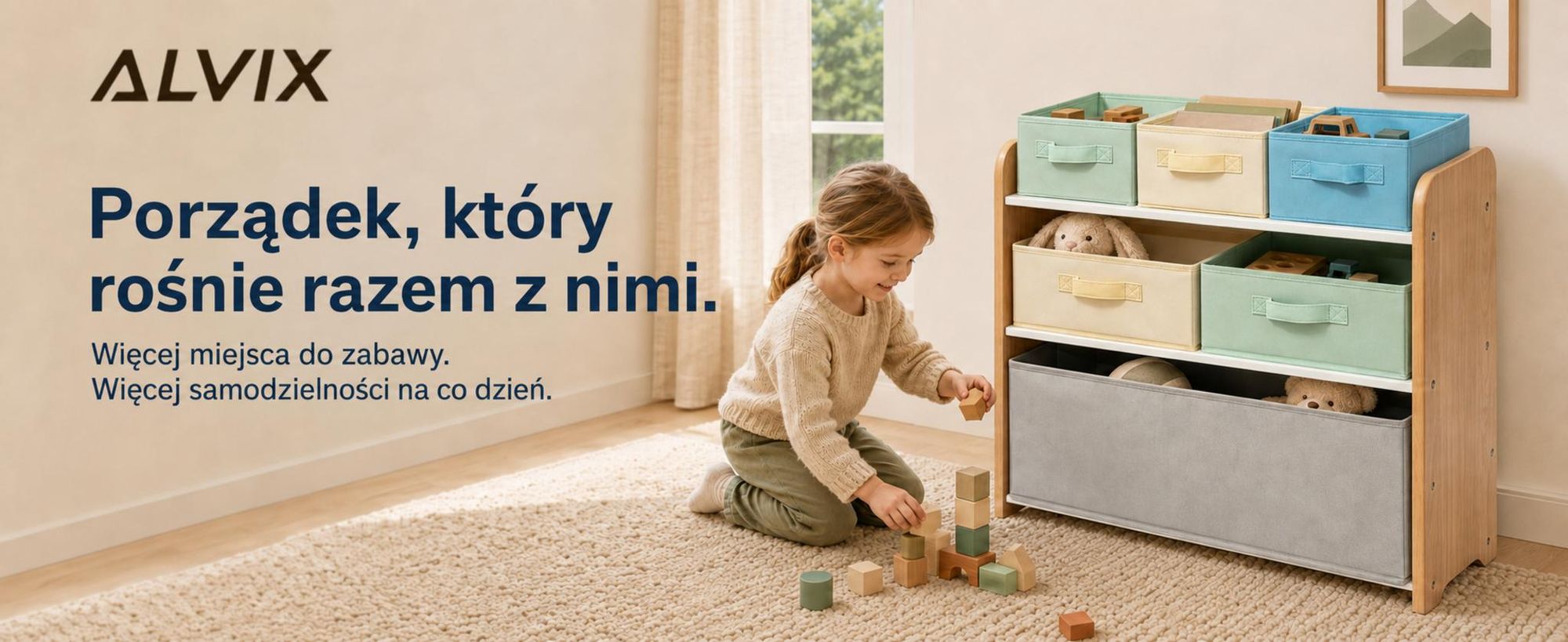 ALVIX Półka na zabawki NESTA 6 z 6 wyjmowanymi pojemnikami, półka dla dzieci, organizer na zabawki wykonany z MDF, półka do pokoju dziecięcego