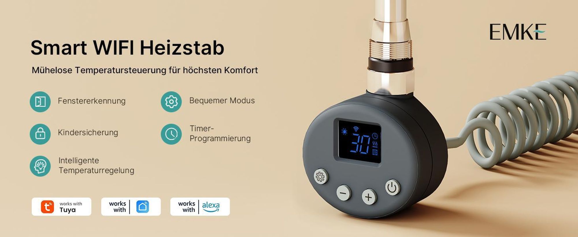 EMKE Heizstab 1200W mit Wifi App Steurung Timer Funktion, Anthrazit, 4 Heizmodi Childlock Google Home Sprachsteuerung für Badheizkörper