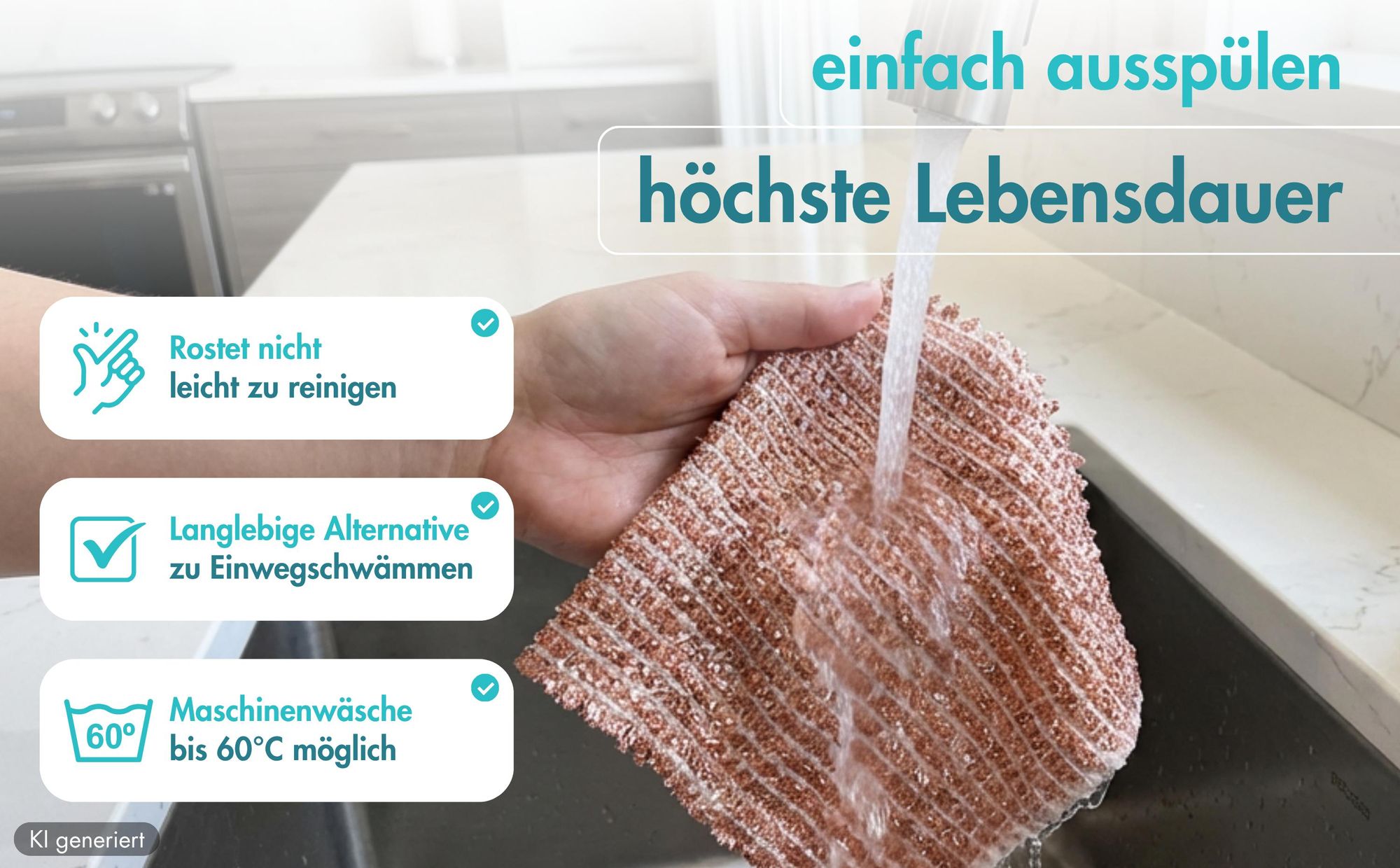 einfach ausspülen für eine lange Lebensdauer der Kupfertücher