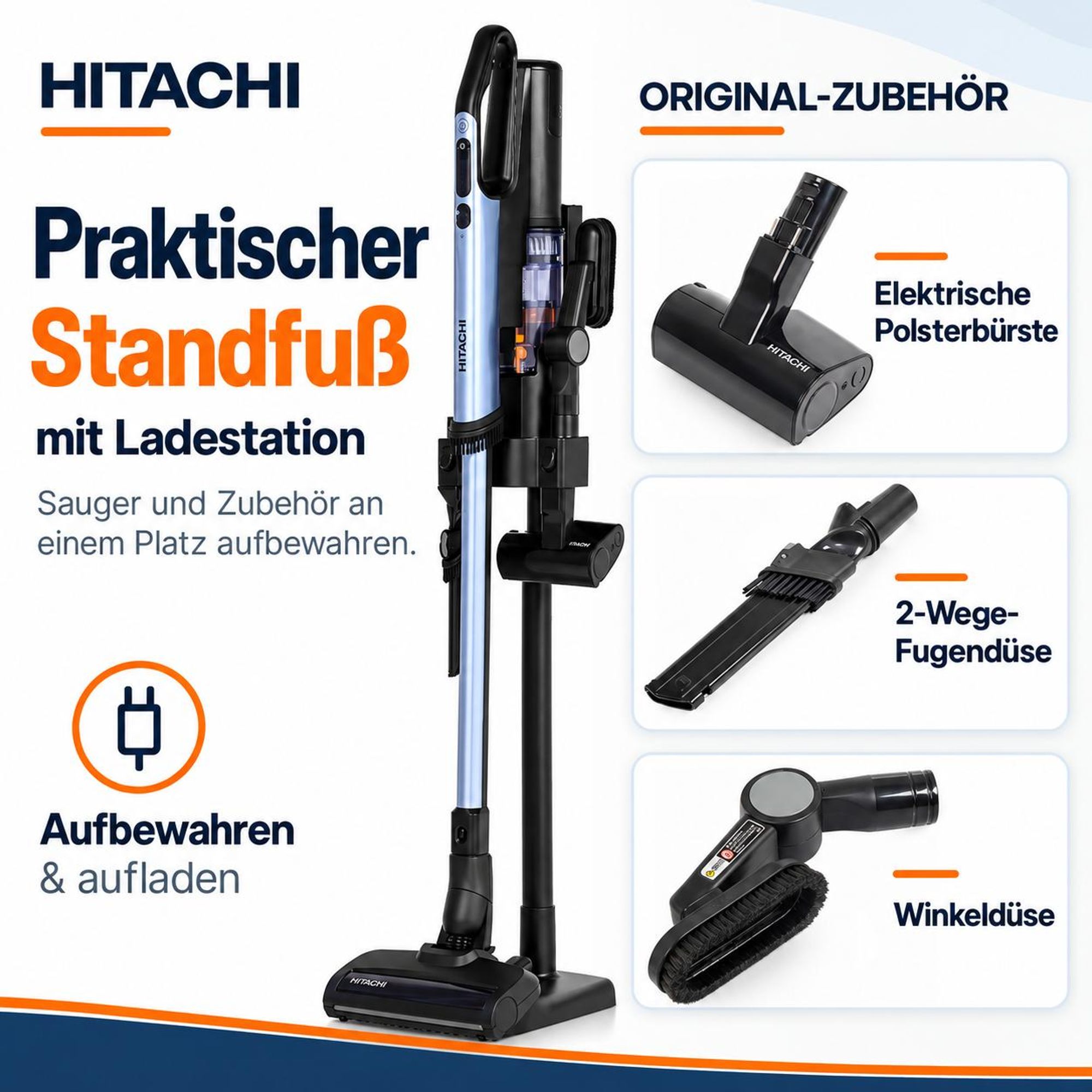 HITACHI PV-XH 4 PL AR 2in1 Akku-Handstaubsauger (50 Min. Laufzeit, LED, HEPA, inkl. Standfuß mit integrierter Ladestation & Zubehörhalterung)