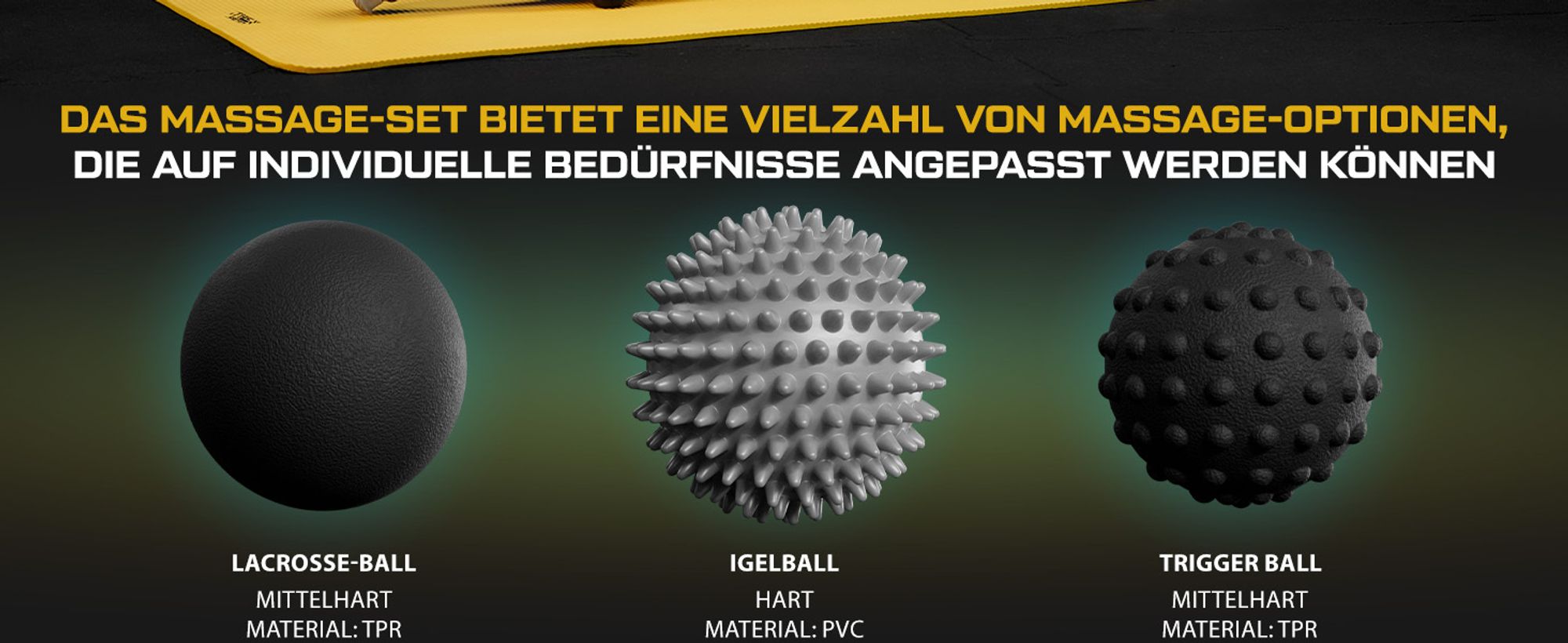 TREX SPORT Massageball Set 3 Stück TX-003MSA | Ganzkörpermassage mit Faszienball, Triggerpunktball, Noppenball, Igelball | ø 6–7 cm, hart & weich