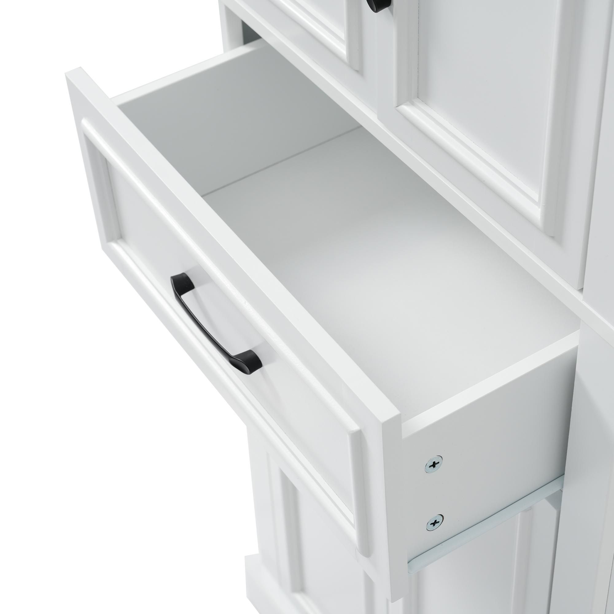 Merax Badezimmer Hochschrank, Badezimmerschrank Mit 4 Türen und Schublade, Verstellbare Einlegeböden, Retro Vitrine, 60×40×180 cm, Weiß