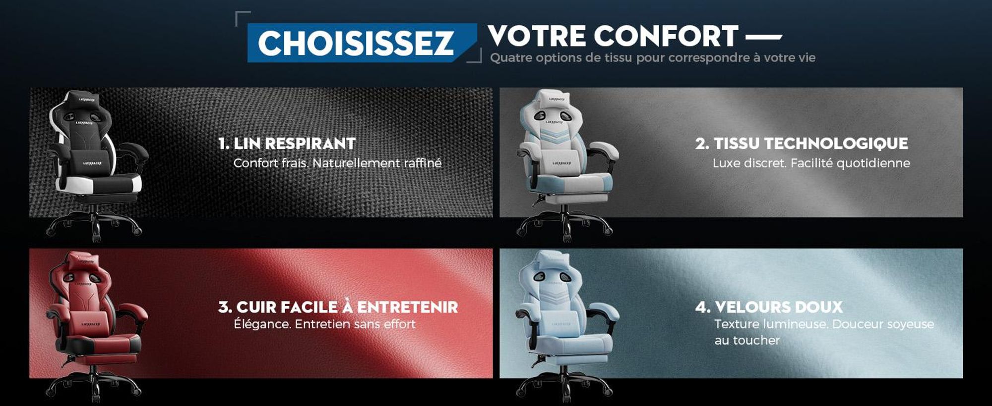 LUCKRACER Chaise de jeu, chaise de bureau avec accoudoirs reliés, coussin en mousse à mémoire de forme, angle d'inclinaison de 90-155° et repose-pieds, tissu fonctionnel résistant