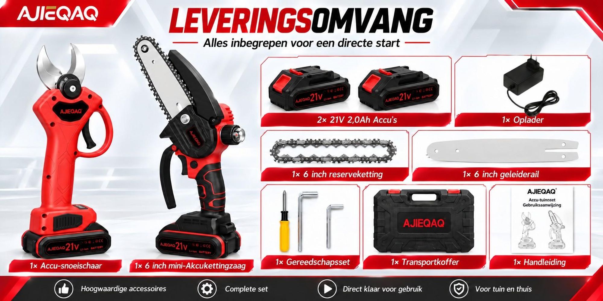2-in-1 Accu snoeischaar & mini kettingzaag 21V Brushless, accu takkenschaar 25 mm SK5, 6 inch accu kettingzaag, 2×2,0Ah accu’s