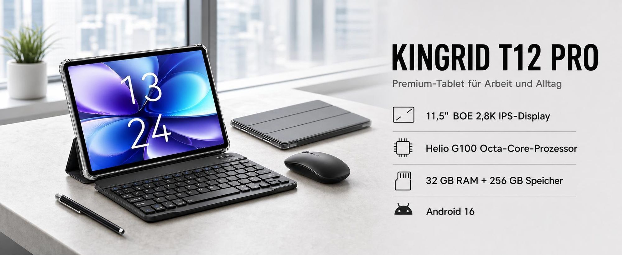 KOBONA-Kingrid T12 Pro 11,5" 2,8K 120Hz, Dual 4G SIM, 8000mAh, 32GB(8+24) RAM+256GB ROM, Android 16, Helio G100, 13MP+8MP Dual Kamera, 2TB Erweiterung