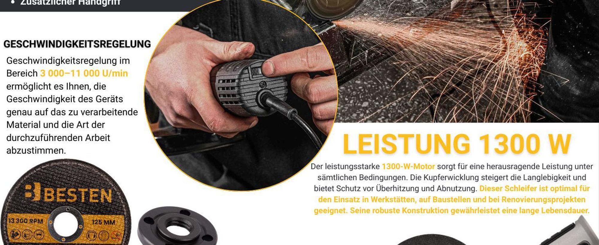 Winkelschleifer 125 mm 1300W, Drehzahlregelung, Softstart, 10× Trennscheiben