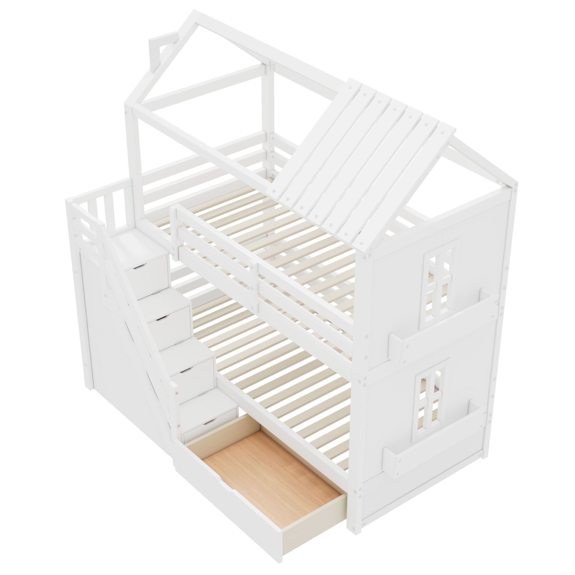 Flieks Etagenbett 90x200cm mit Schubladen, Kinderbett Hausbett mit Rausfallschutz, Hochbett mit Treppe und Ablagen, Stockbett Einzelbett, Weiß