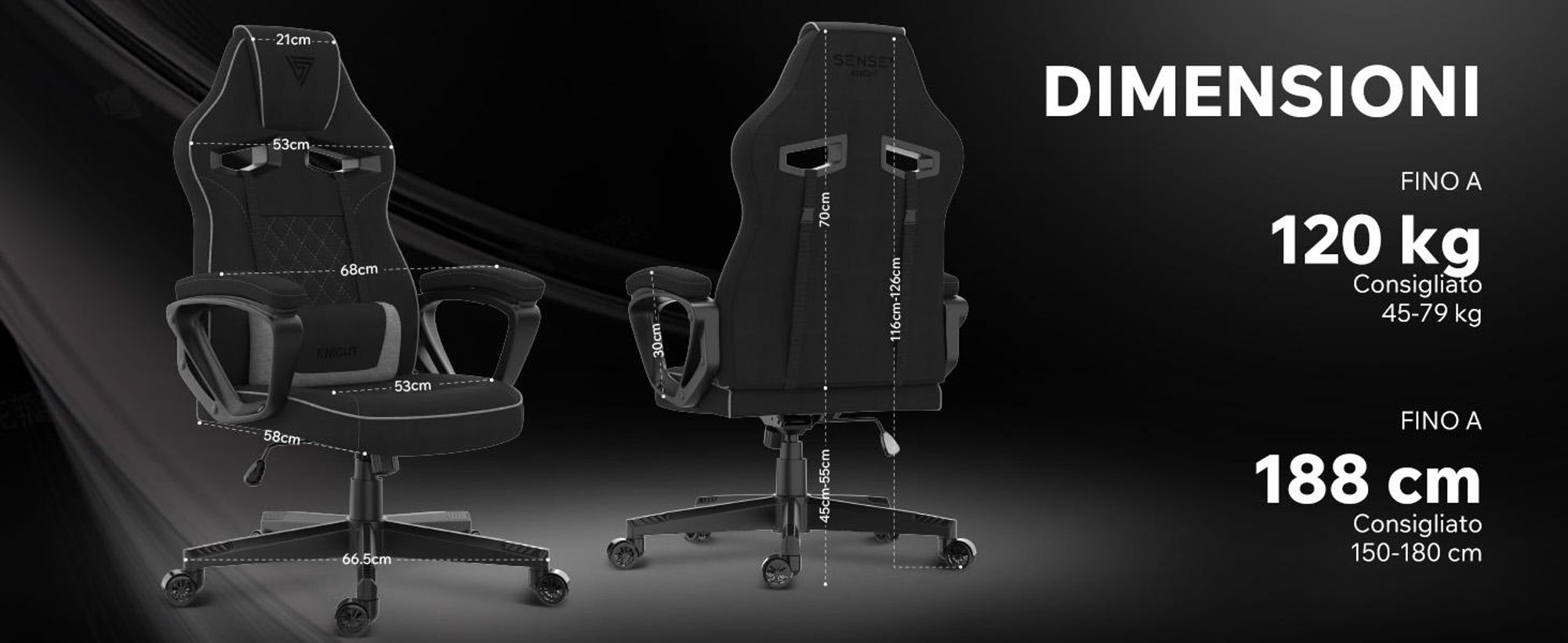 SENSE7 Knight Sedia da gioco in tessuto nero-grigio - Sedia da ufficio ergonomica Sedia da scrivania Sedia da computer Sedia da gaming Sedia da corsa 120 kg