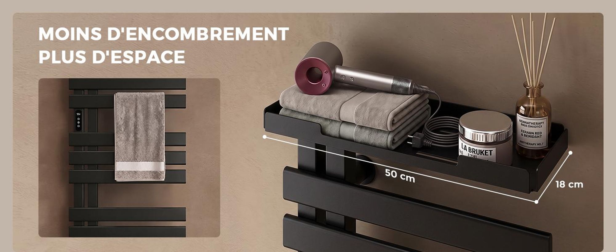 S'AFIELINA Sèche-serviettes électrique avec étagère  1050×500 mm 335 W Noir,Radiateur sèche-serviettes connecté WiFi, chauffage en fibre de carbone