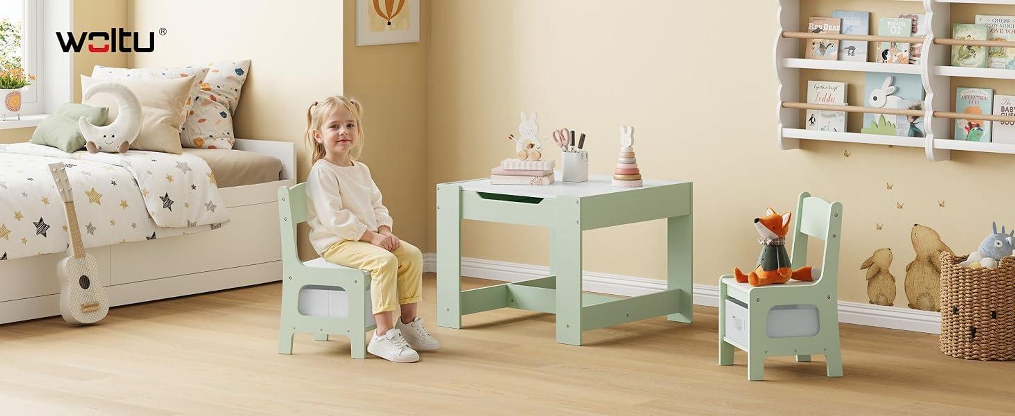 WOLTU Kindertisch mit 2 Stühlen, Kindersitzgruppe mit Stauraum, für Kinder ab 2 Jahren, Grün + Weiß
