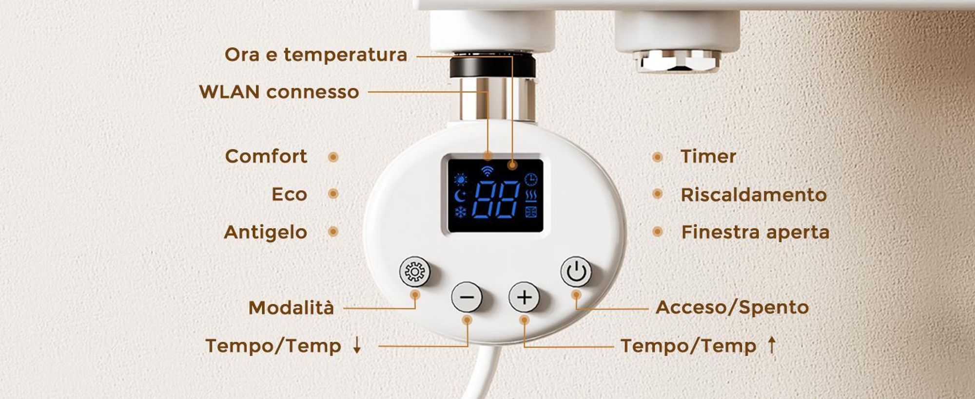 S'AFIELINA riscaldatore a immersione con termostato 900W, timer programmabile e display LCD, WiFi, per radiatori bagno, acciaio inox, controllo intelligente, bianco