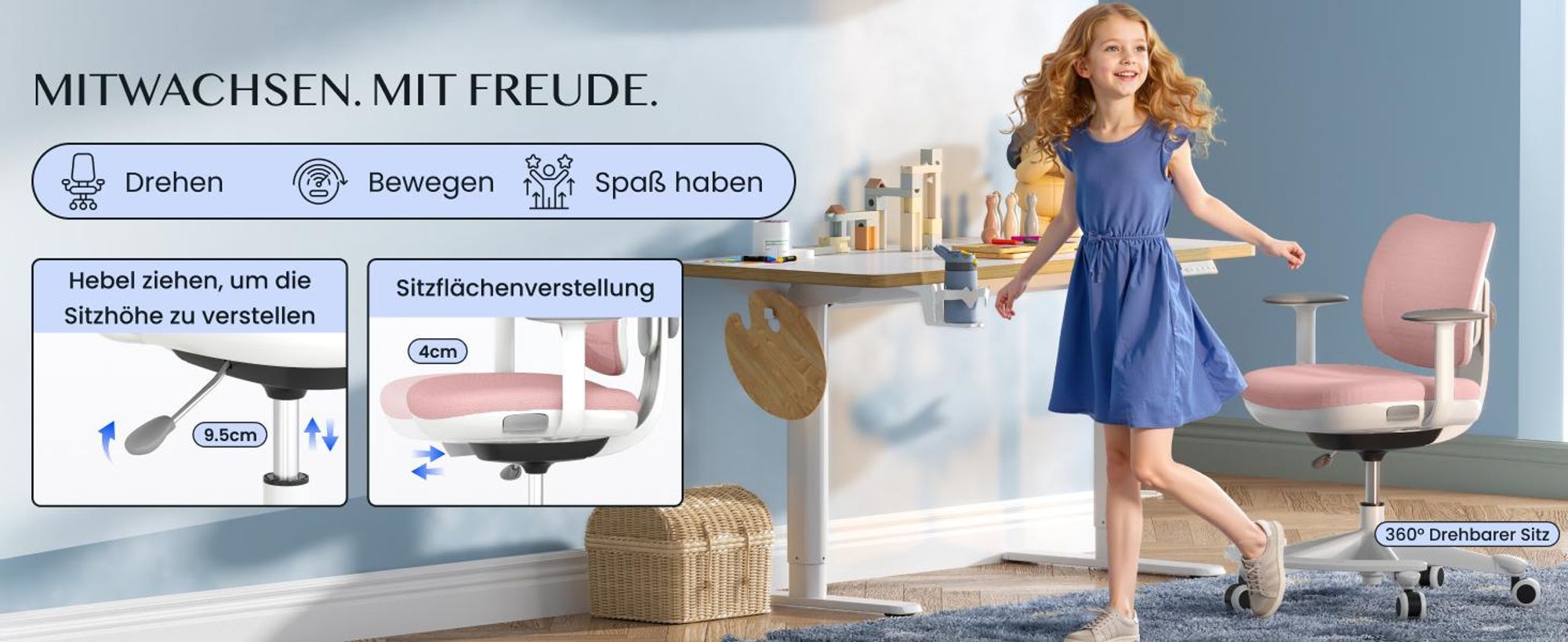 FLEXISPOT Kinderschreibtisch und Stuhl Set, elektrisch höhenverstellbar Schreibtisch, für Kinder ab 6 Jahren, mit 3 Speicherplätzen, Kindersicherung