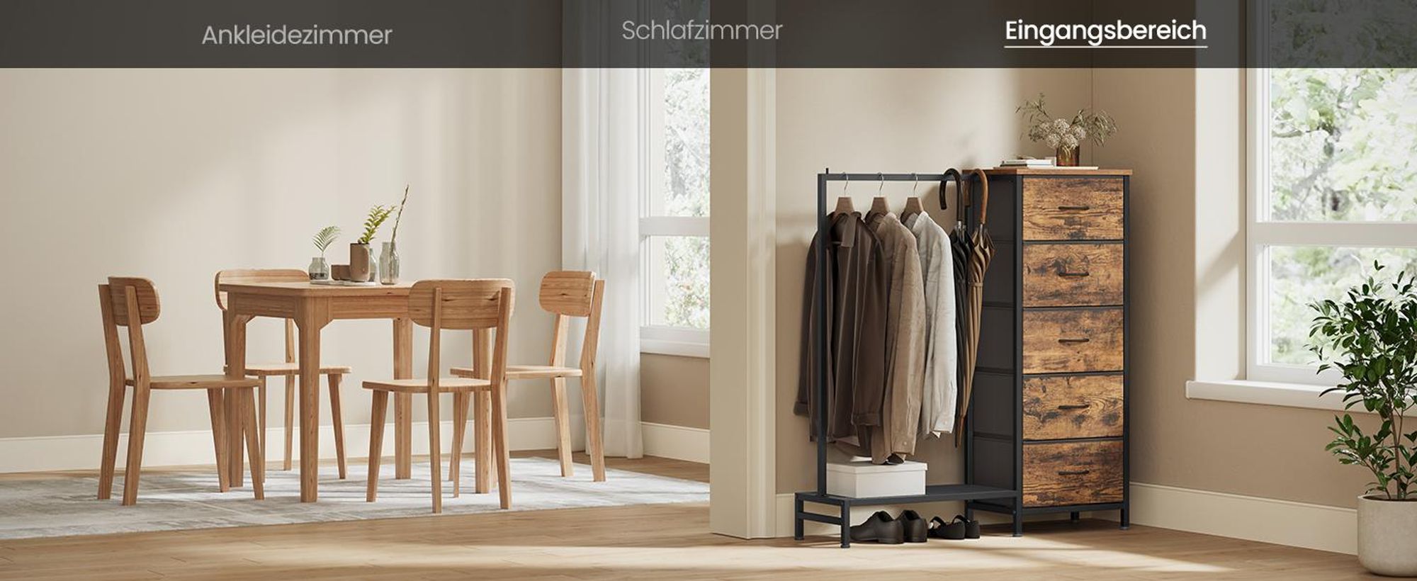 SONGMICS 3-in-1 Garderobenständer mit 5 Schubladen und Kleiderstange, 96,2 x 30 x 117,7 cm, Tan