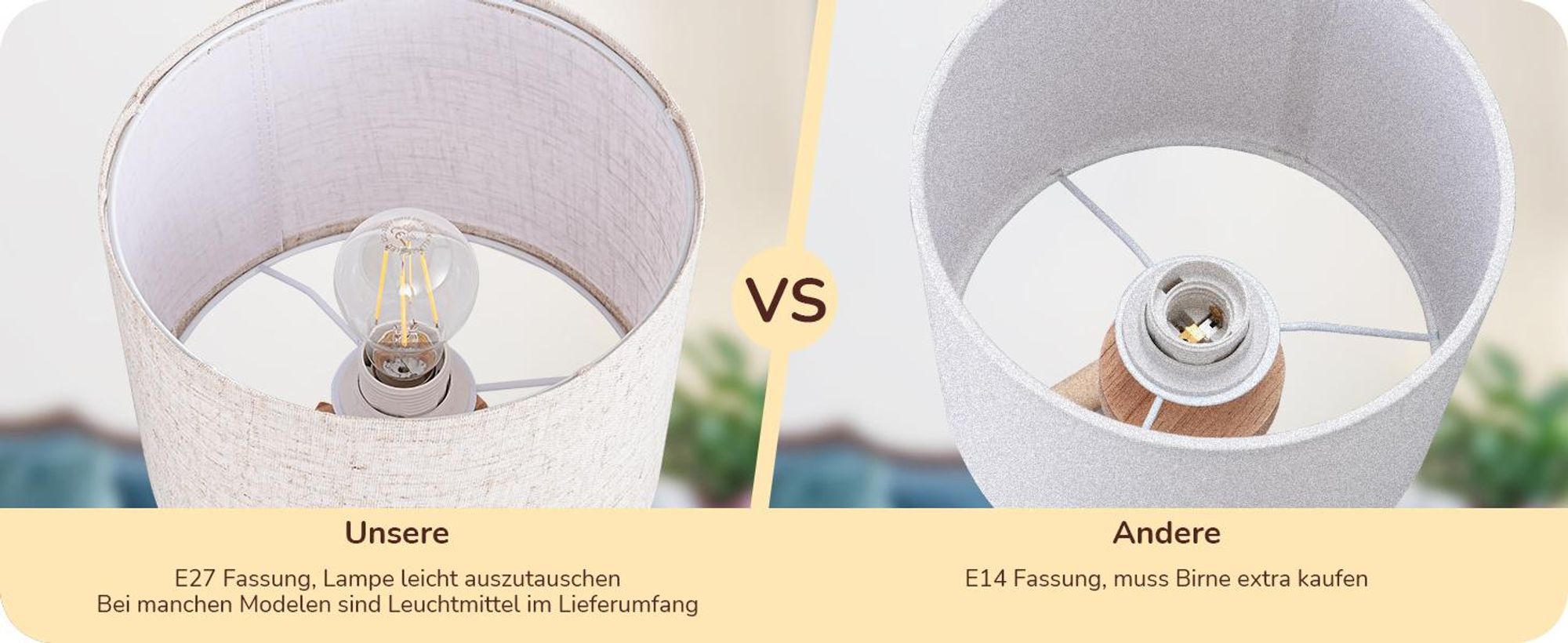 EDISHINE Nachttischlampe Holz, LED Tischlampe mit Leinen Lampenschirm, Beige