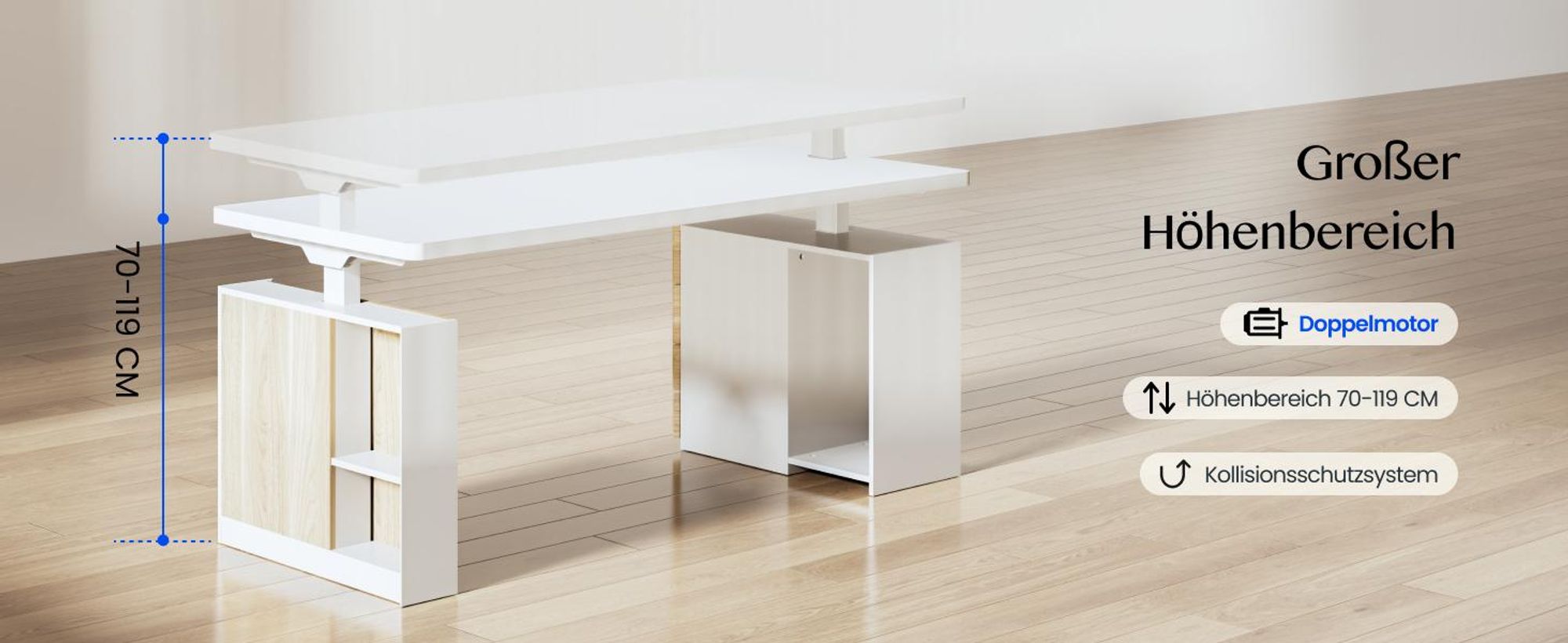 FLEXISPOT Höhenverstellbarer Schreibtisch 160x80cm mit 2 Schränke, 2 Motoren, 25MM EINTEILIGE TISCHPLATTE, 120 kg Tragkraft, Kabelmanagement, Weiß
