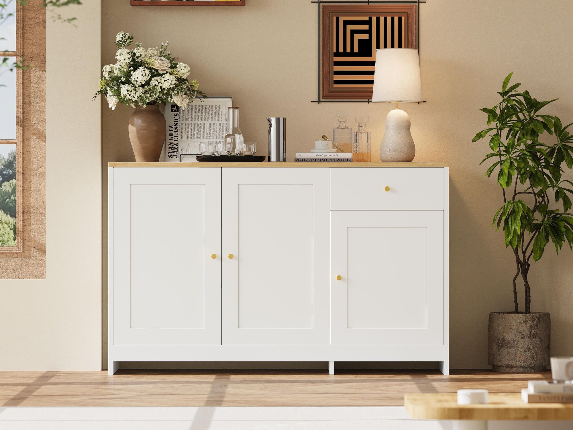 Merax Sideboard Kommode mit 3 Türen & Schublade, Buffetschrank für Wohnzimmer & Esszimmer, Anrichte Stauraum Möbel, Weiß+Natur