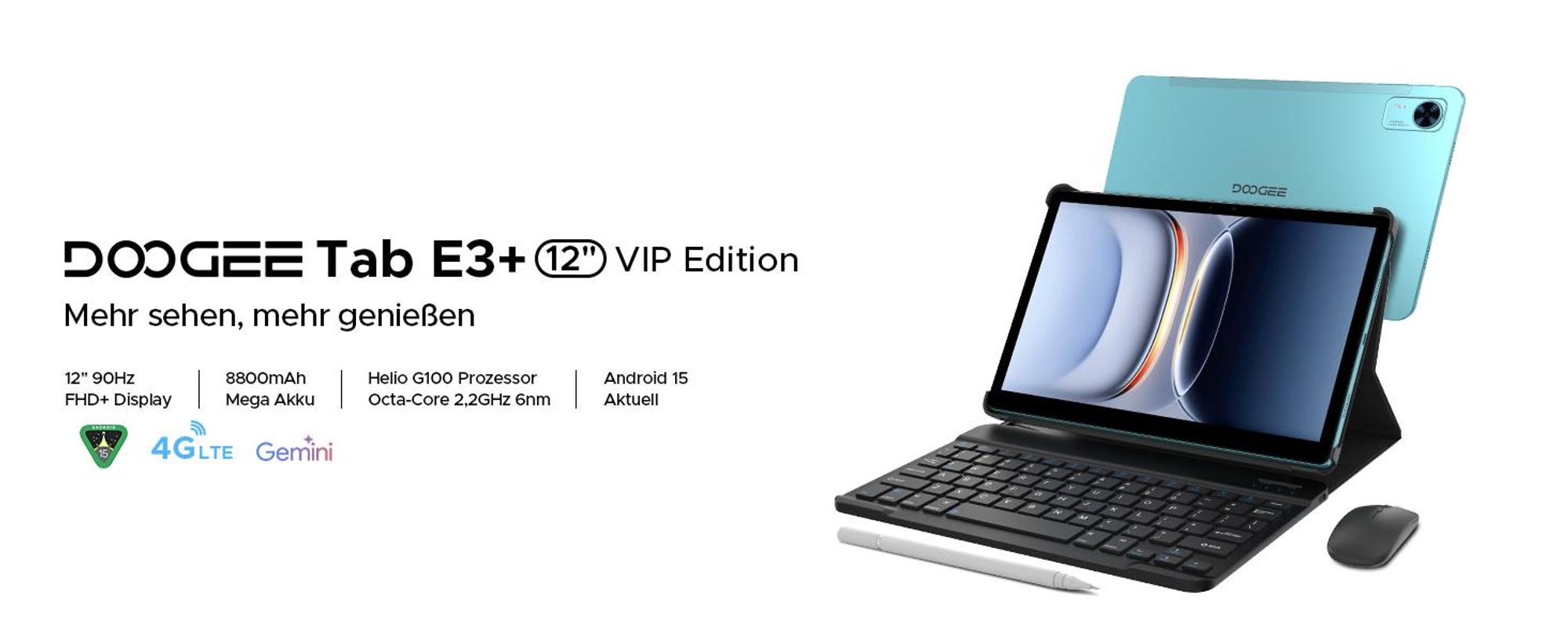 DOOGEE Tab E3+ Android 15, 12 Zoll, 32(8+24)GB+256GB(bis 2TB erweiterbar), 4G LTE, 90Hz,8800mAh/18W,Tastatur-Set