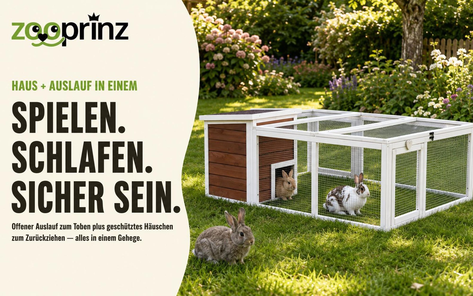 zooprinz Kaninchenstall Hasenstall Comfort L | Freilauf Auslauf Gehege | mit Haus | Wettefest | Klappdach
