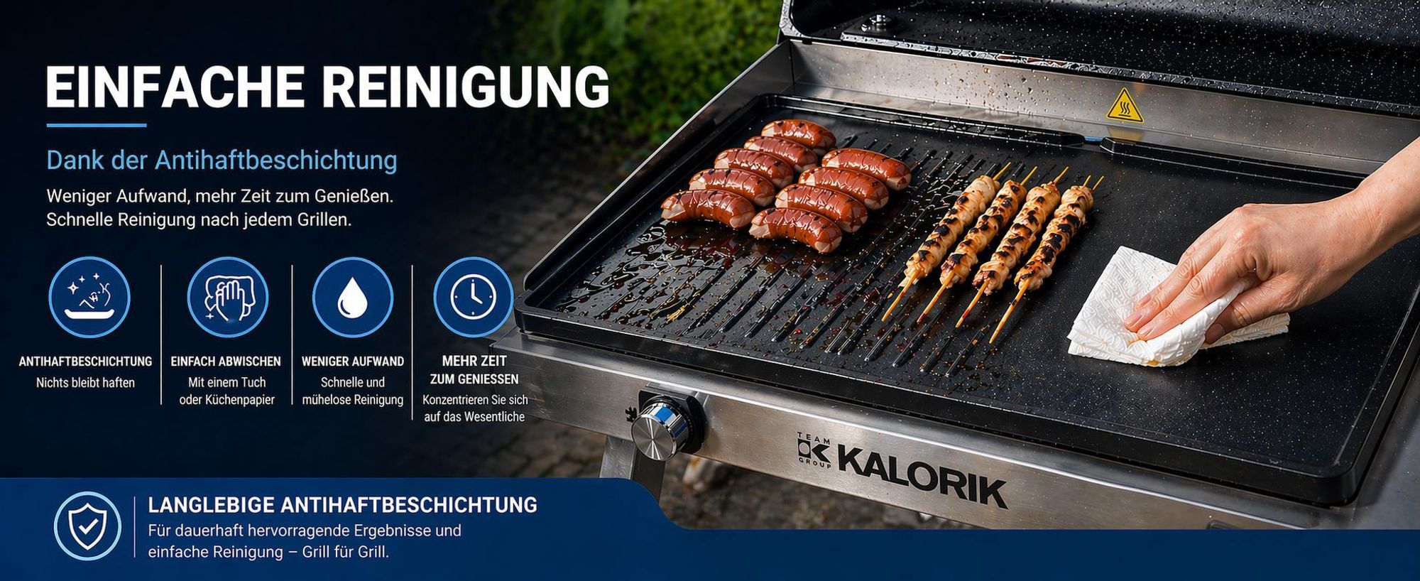 KALORIK Elektrogrill inkl. Abdeckung Edelstahl Gartengrill Barbecue-Grill Standgrill 2500W – XXL-Grillplatte 2 Zonen 58 cm IPX4