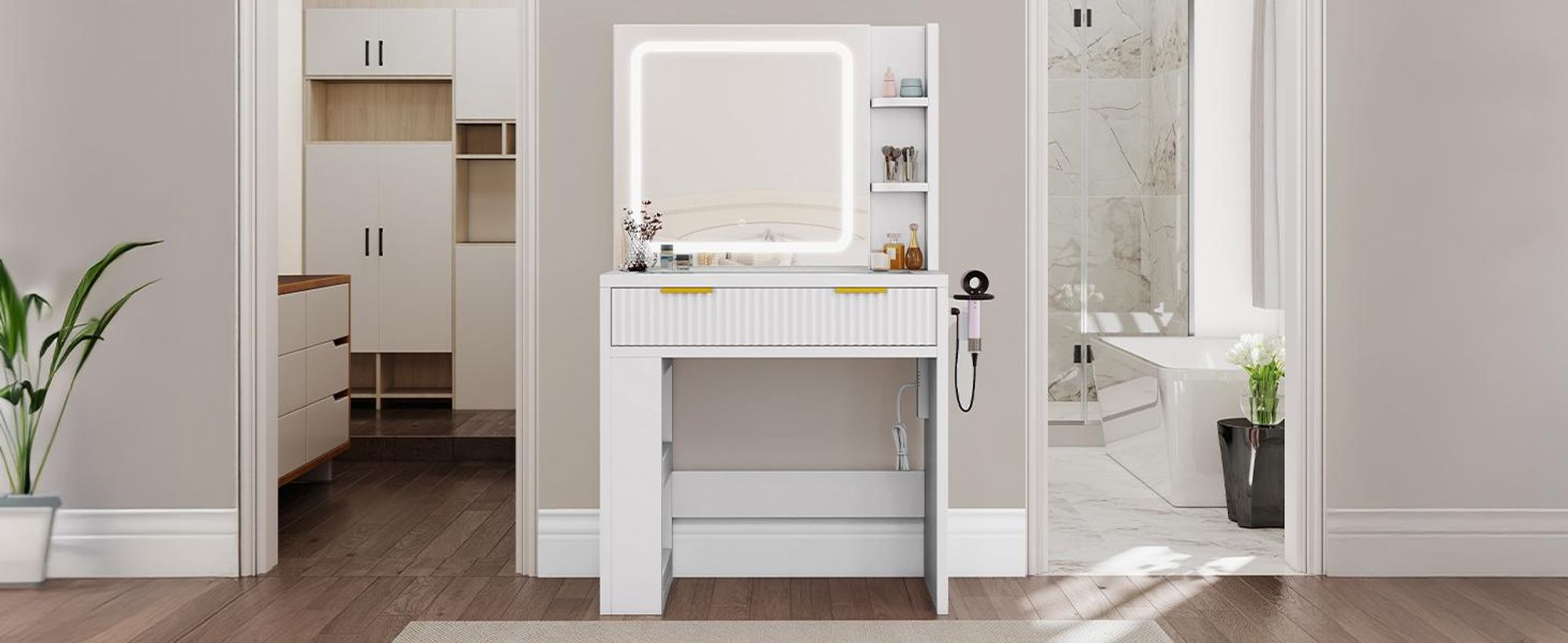 Schminktisch mit Verstellbarer LED-Beleuchtung und Steckdosen, Frisiertisch mit Transparenter Glasplatte, 1 Schubladen und 3 Facher, Weiß