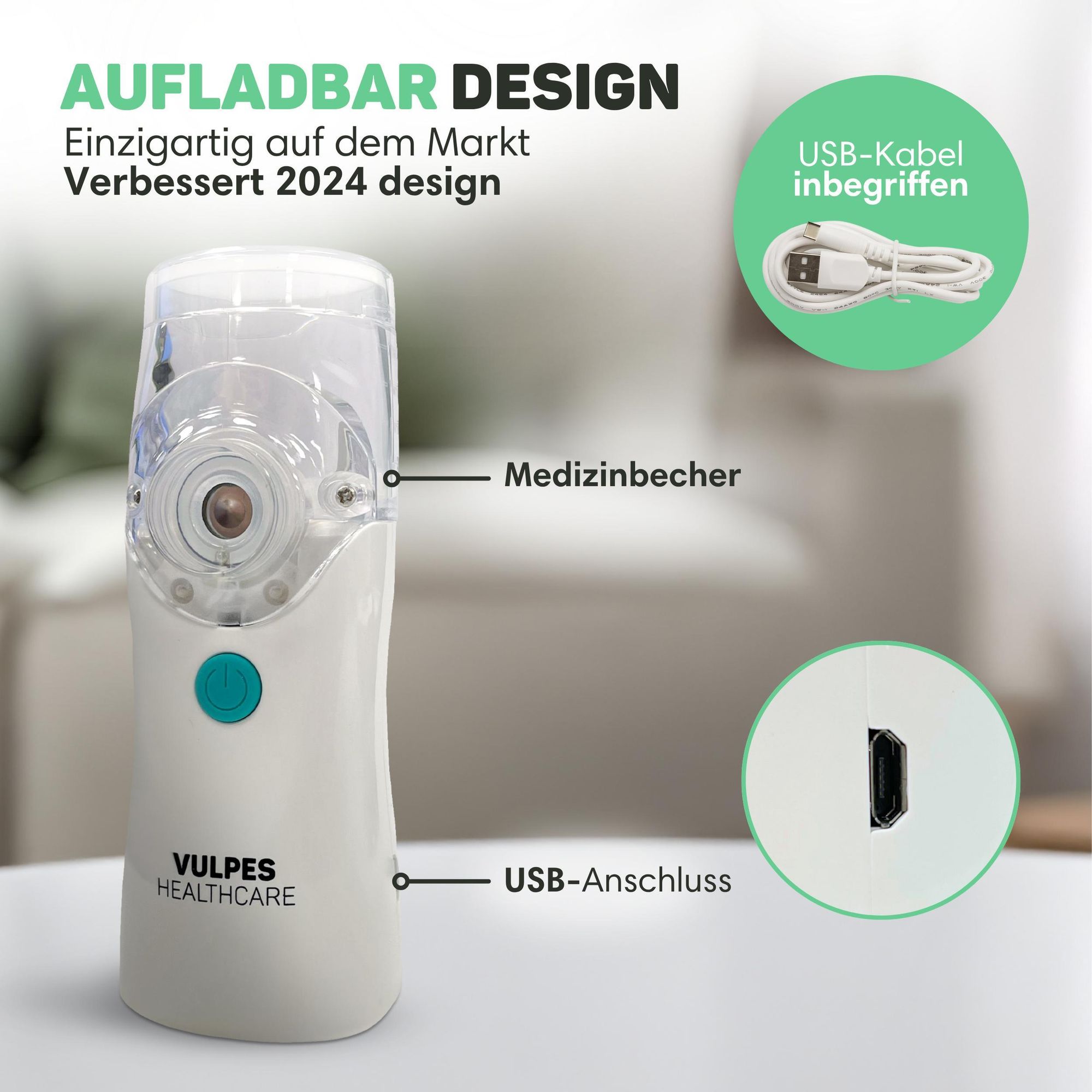 Vulpes Goods Tragbarer Inhalator-Vernebler, wiederaufladbarer leiser Vernebler, tragbare Mini-Inhalatoren, tragbarer Luftbefeuchter für Atemprobleme bei Kindern und Erwachsenen, Inkl. 3 Mundstücke und Reisetasche