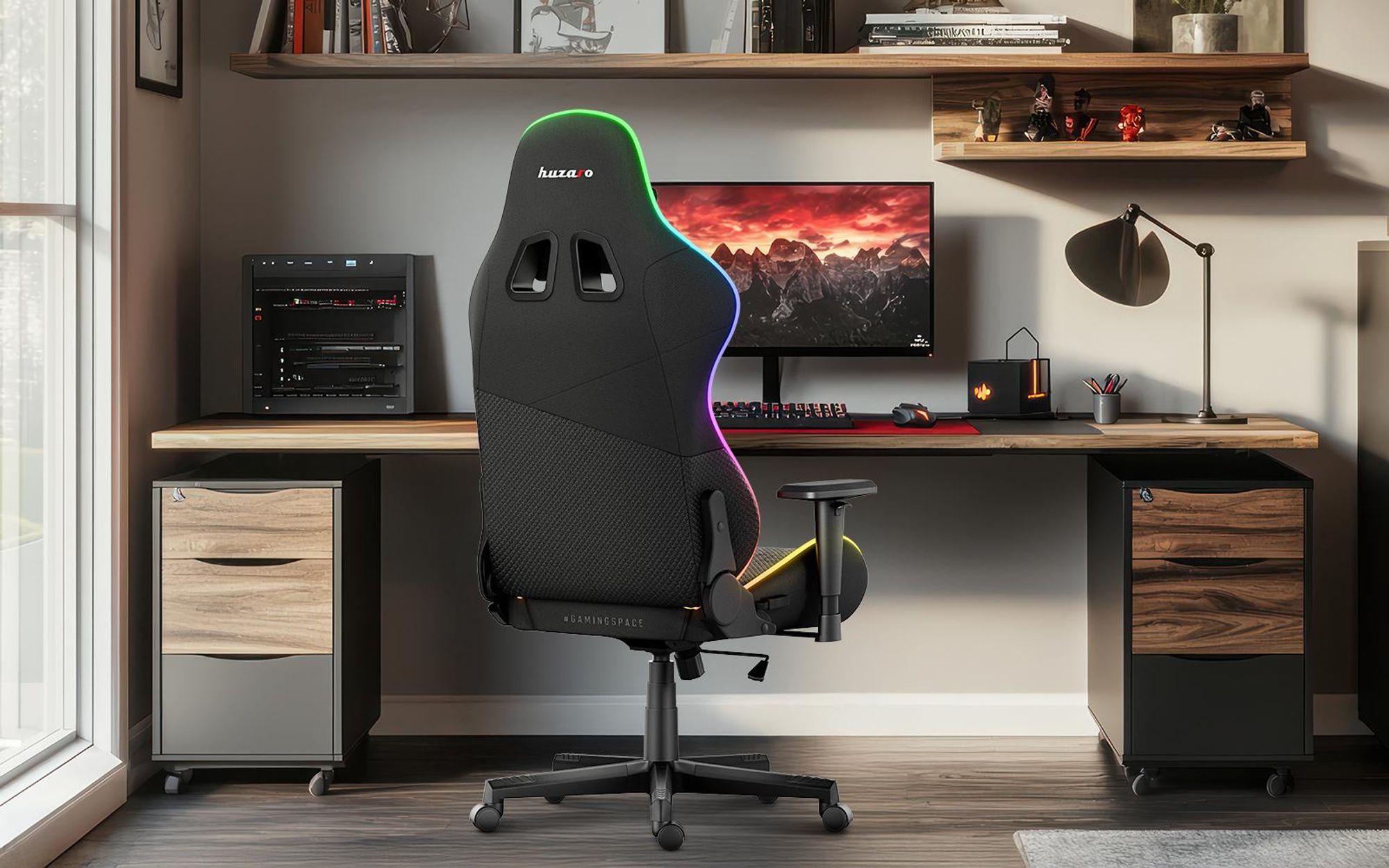 Huzaro Force 6.2 | RGB LED Beleuchtung Gaming Stuhl Gamer Bürostuhl Schreibtischstuhl Gamer Kopfstütze Lendenstütze | bis 130 kg belastbar | Schwarz