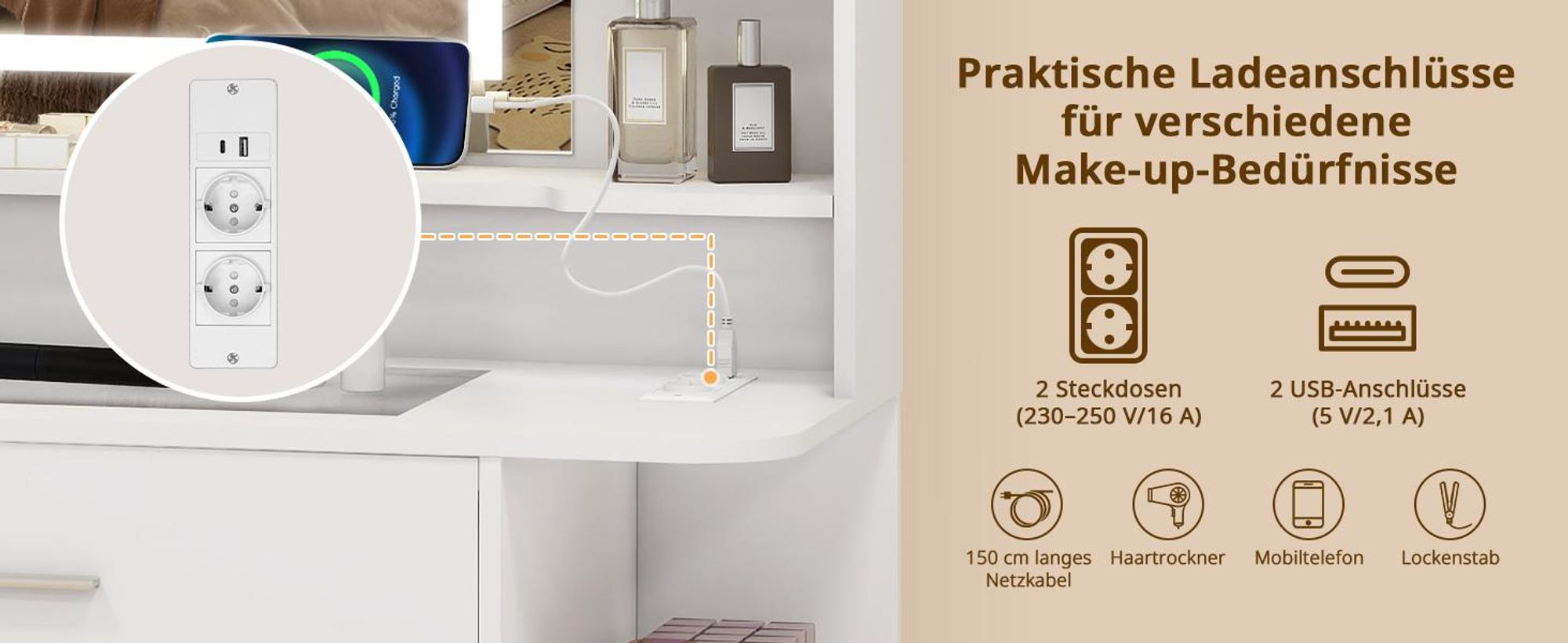Puluomis Schminktisch mit dimmbarer LED Beleuchtung, Frisiertisch mit Schublade, Föhnhalter, USB & Steckdosen, Glasplatte, Hocker mit Lagerung weiß