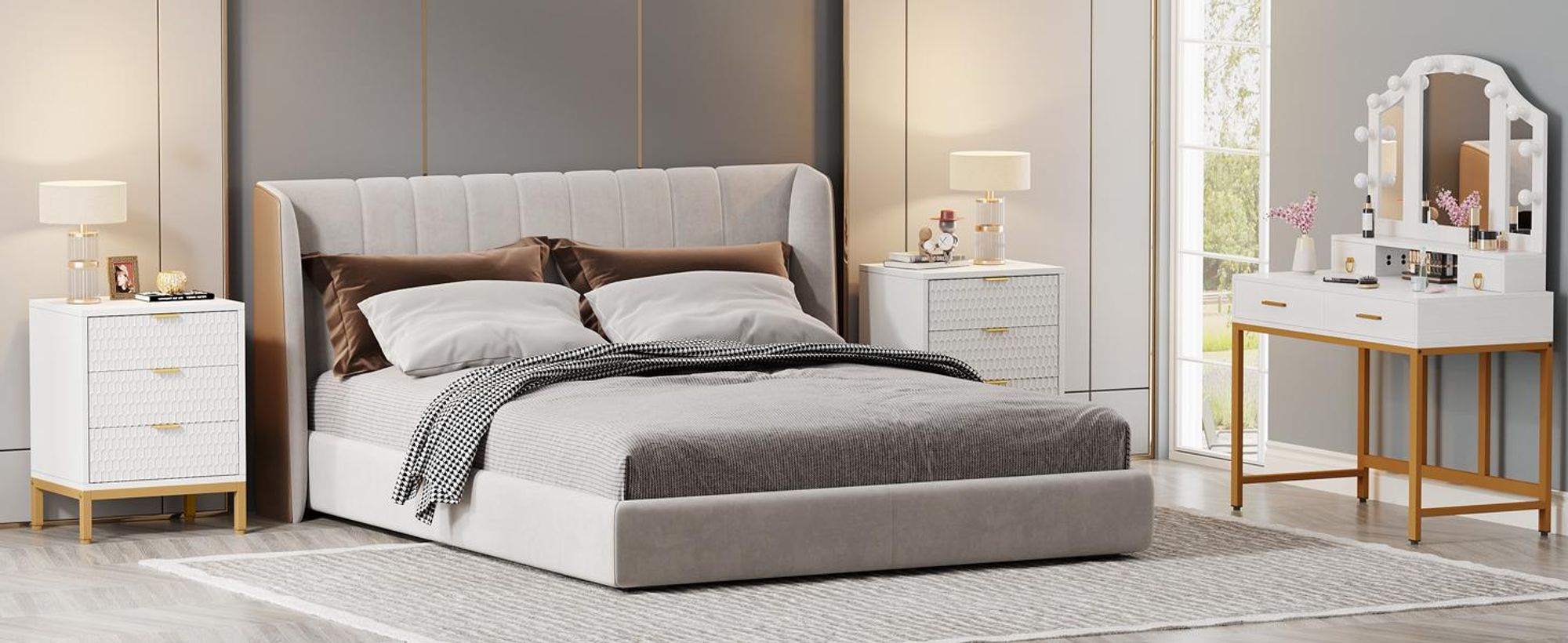 Tribesigns Moderner Nachttisch,65,5 cm hoch,Nachttisch mit 3 Schubladen,moderner Beistelltisch mit Stauraum für Schlafzimmer,Wohnzimmer,Weiß und Gold