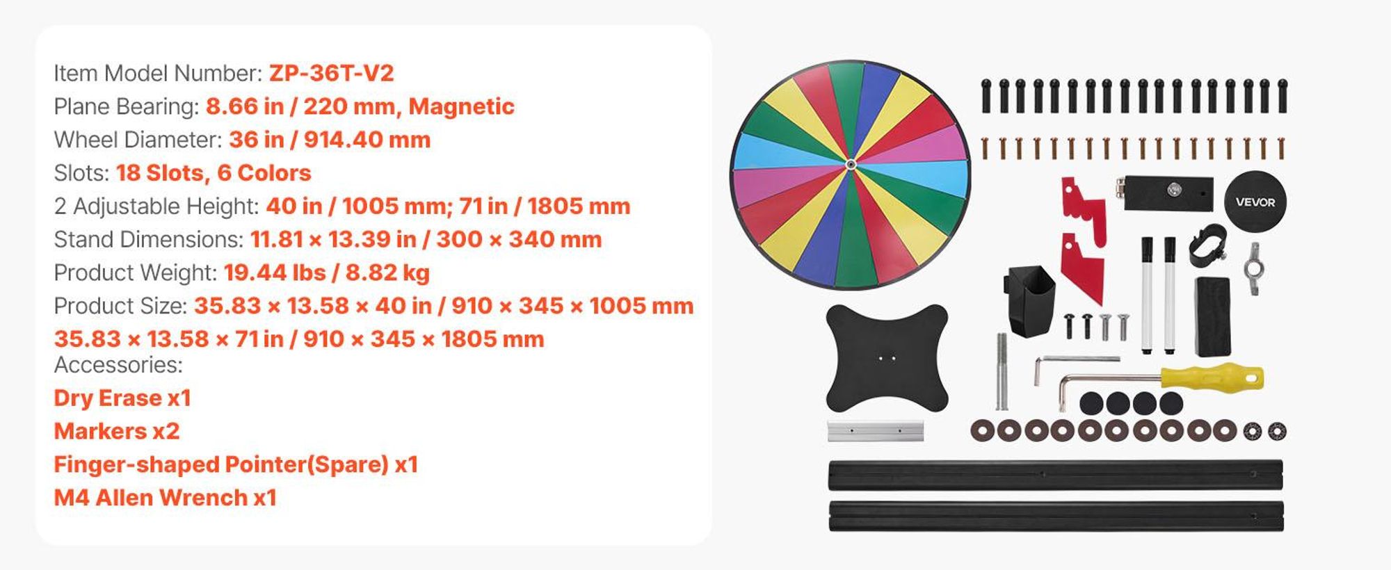 VEVOR 610 mm Drehpreisrad, 14 Slots Drehrad mit Ständer, höhenverstellbares Gewinnroulette mit einem abwischbaren Stift und 2 Markern, 6 Farben, einfache Montage, für Party, Pub, Messe, Karneval, 18, 914 mm