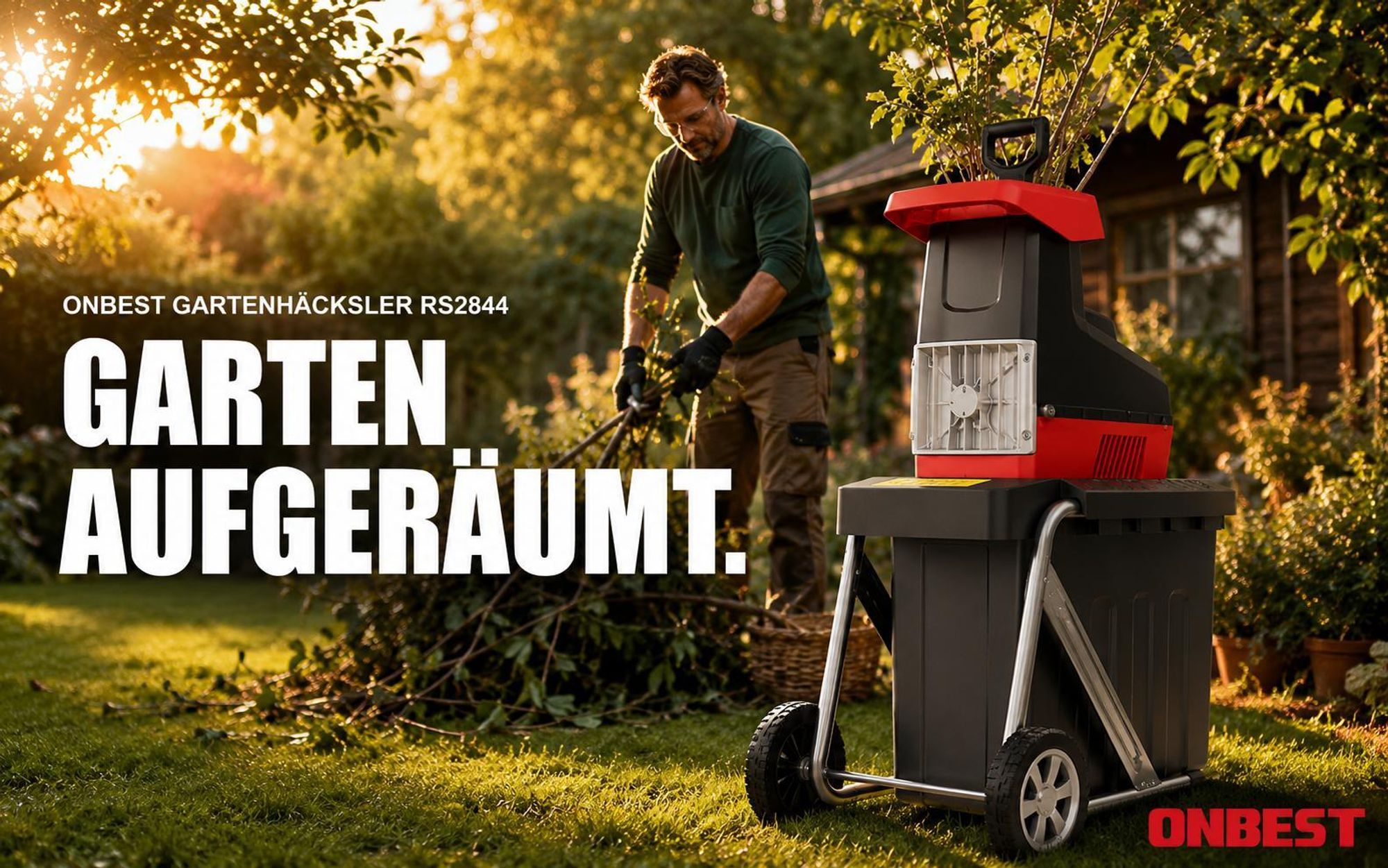 ONBEST Gartenhäcksler Elektro | 2800W mit Stopfer | bis 4,4 cm | 60L Fangbox | Rücklauf & Selbsteinzug