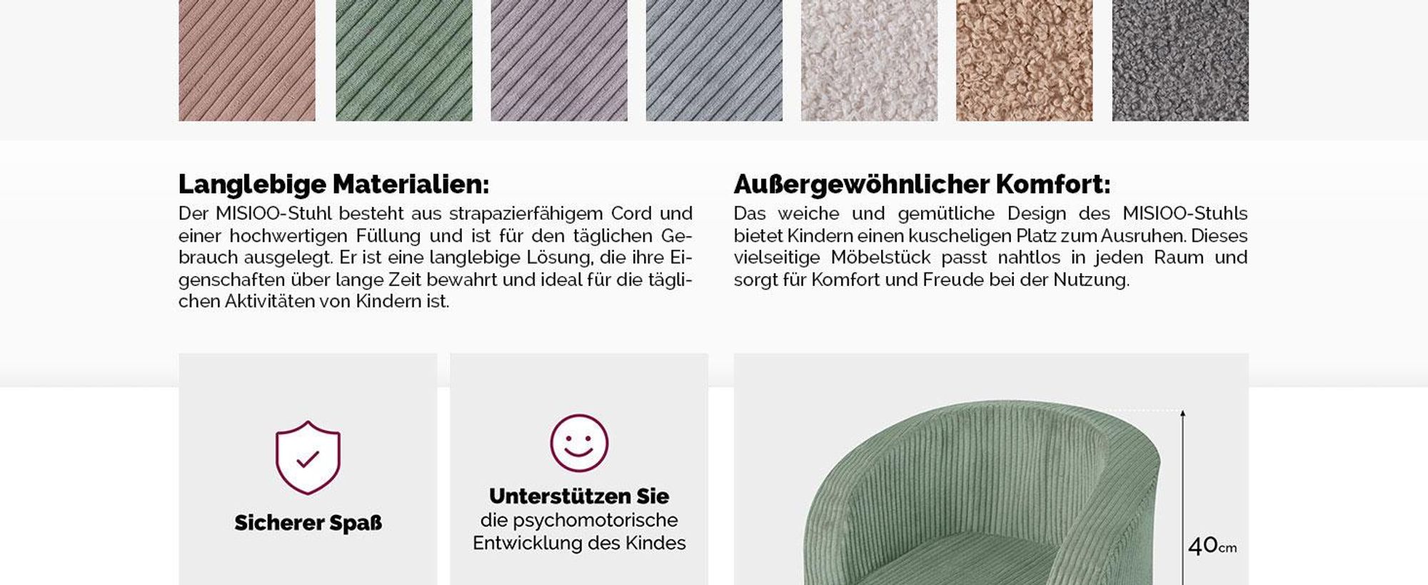 MISIOO Kindersessel Ab 1 Jahr – Corduroy Premium Sessel Kinder - Stabil Und Weich - Ergonomisch Gepolstert - 40x53x36 cm