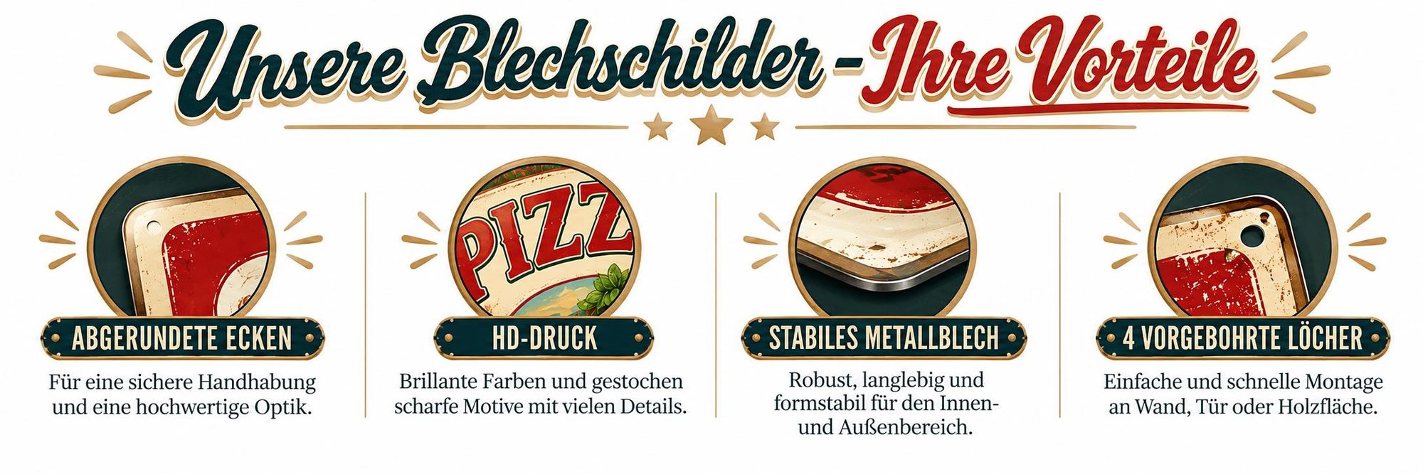 AstraDesign Blechschilder mit abgerundeten Ecken, HD-Druck, stabilem Metall und vier Montagelöchern.