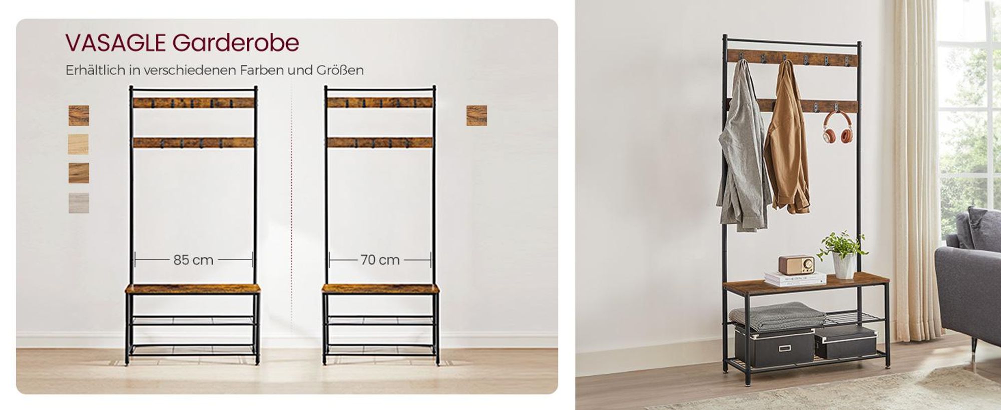 VASAGLE Garderobenständer, Garderobe, Kleiderständer, mit Schuhbank, 3-in-1 Design, Stahl, für Eingangsbereich, Flur, 32 x 85 x 175 cm, Industrie-Design, vintagebraun-schwarz HSR401B01
