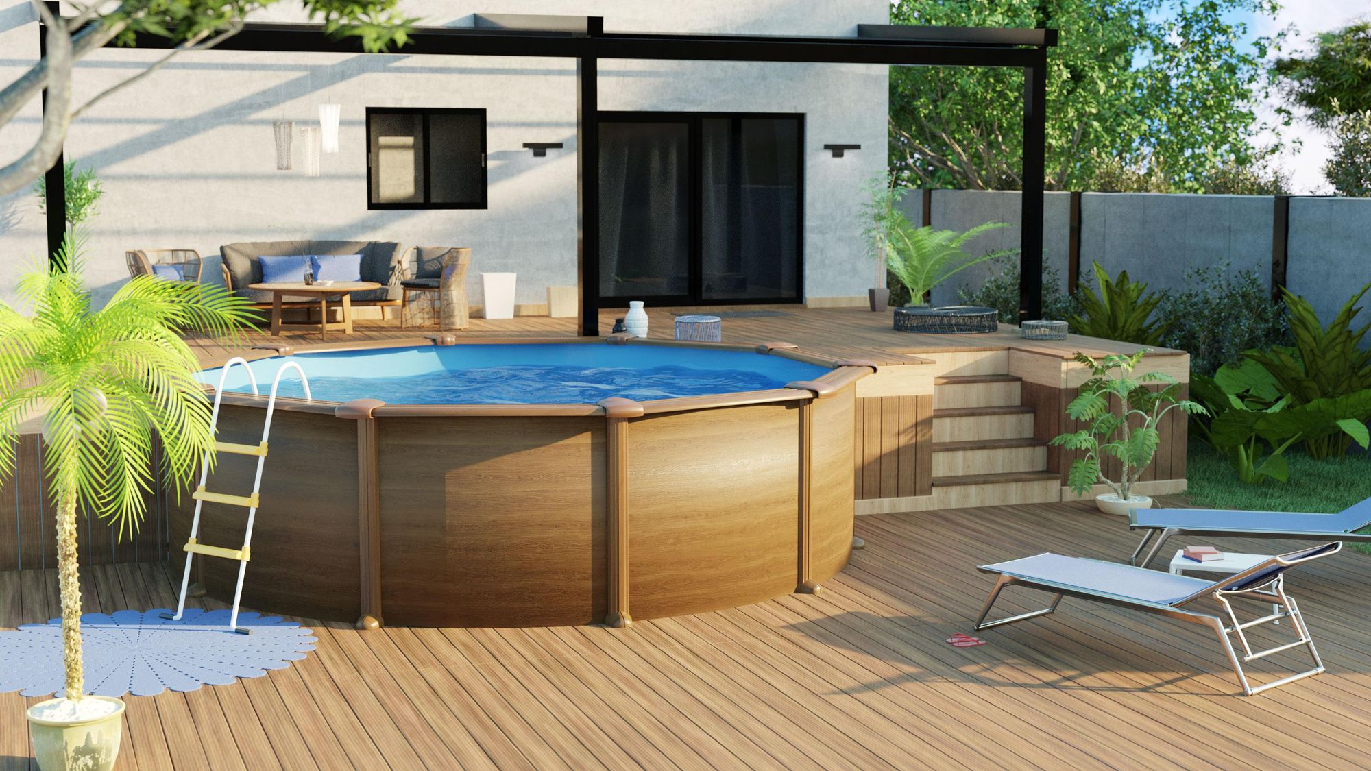 GRE Runder Stahlwandpool mit Holzoptik KIT300W – Ø 300 x 120 cm, Komplettset
