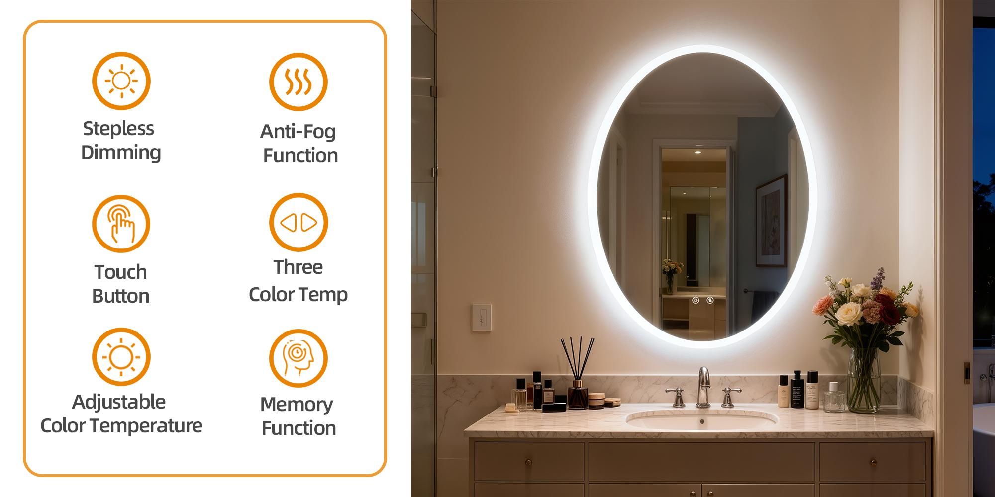 WISFOR Oval LED Badezimmerspiegel 50x70 cm Wandspiegel mit Beleuchtung Touch Dimmbar Speicherfunktion IP66