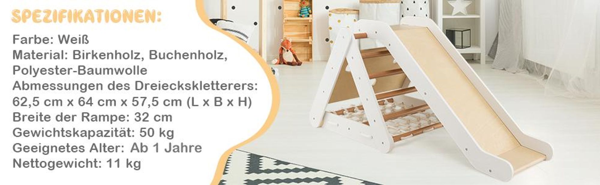 COSTWAY 4in1 Kletterdreieck indoor mit Rutsche&Klettern, Klettergerüst aus Holz, Sprossendreieck, Kletterspielzeug Kletterdreiecken für kinder 1+Grau