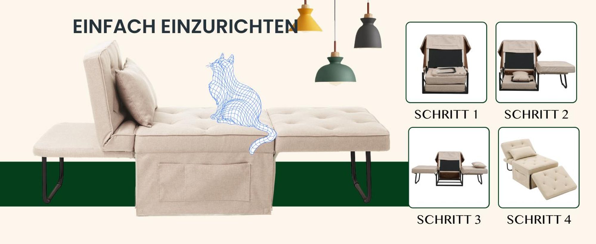 FLEXISPOT 4-in-1 Schlafsofa Klappbett Einzelsofa mit klappbarem Hocker, Kissen & 5-fach verstellbarer Rückenlehne, Schlafsessel für Gästezimmer Beige