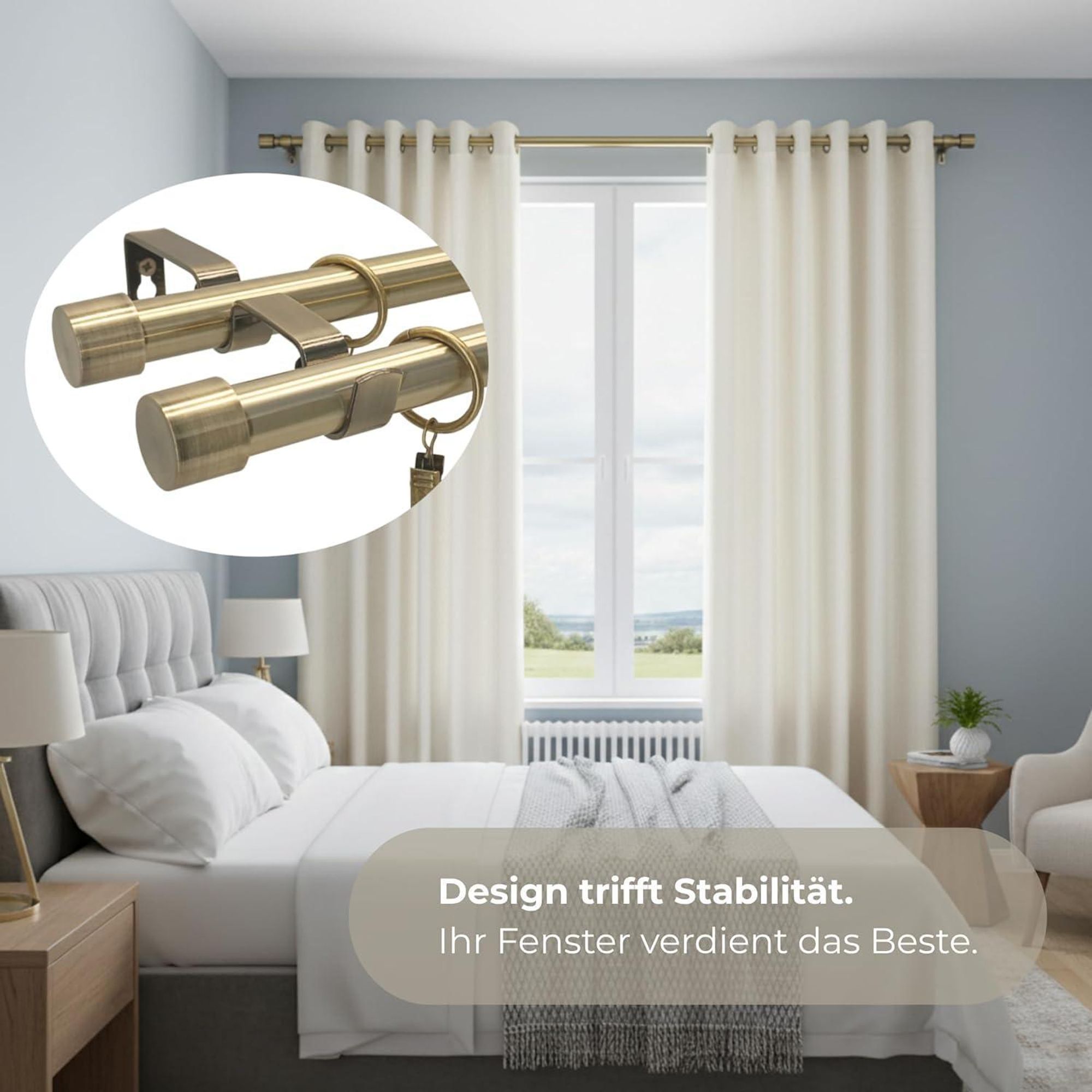 LOFT 320 cm Doppelte Gardinenstange 19 mm aus Metall mit Endstück FREZ Komplettset mit Ringen und Clips Inklusive Montagezubehörset Farbe Antikgold
