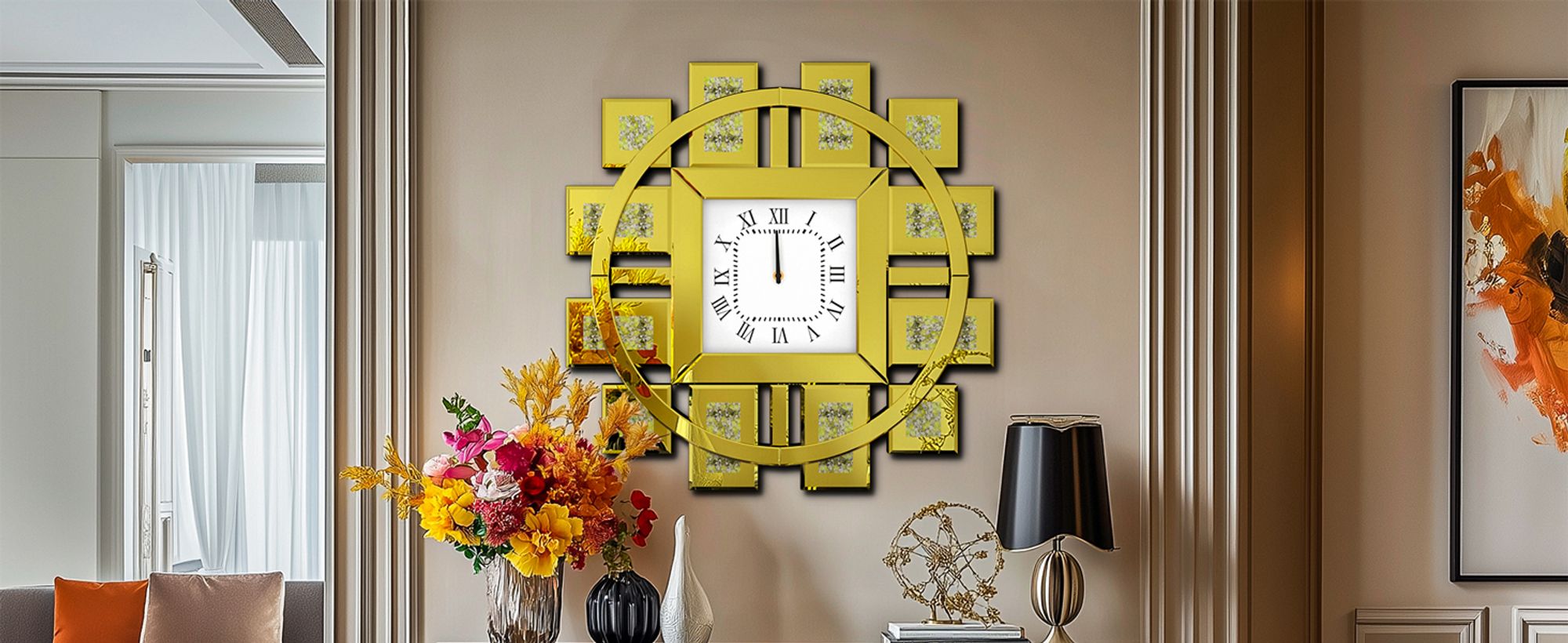 WISFOR Wanduhr 80 cm, rund Dekouhr, Modern Atmosphera Küchenuhr Wohnzimmer Bürouhr, Leise Römischen Ziffernr, Glas,Gold