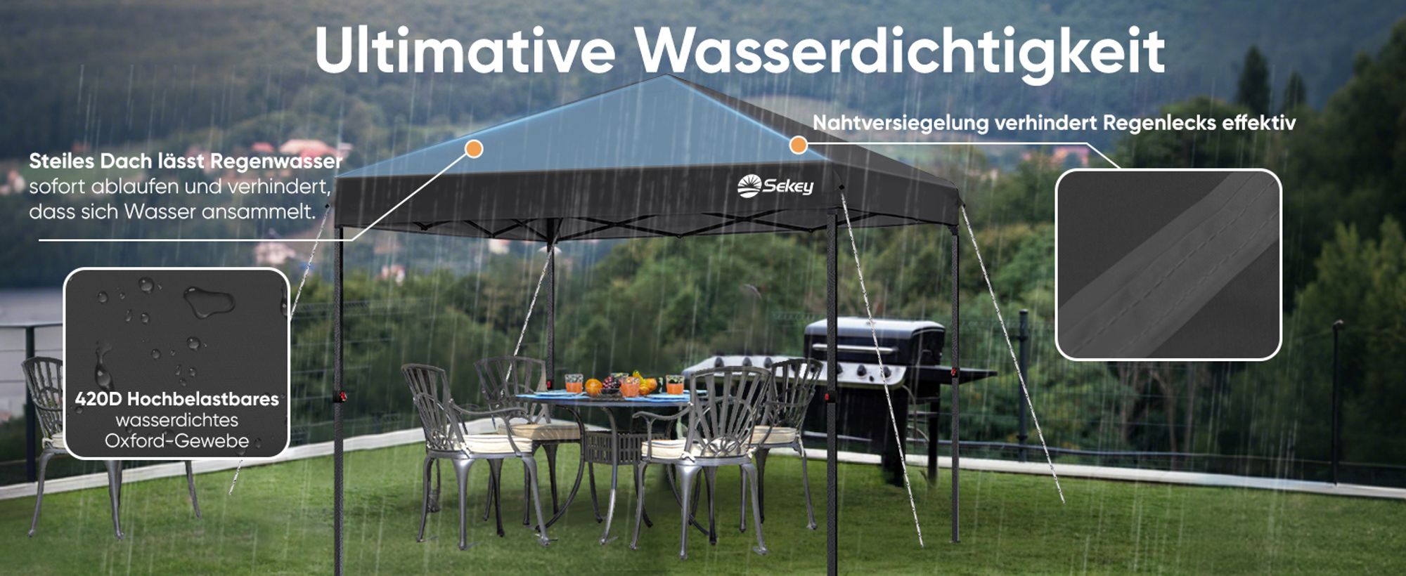 Sekey Faltpavillon 3x3 wasserdicht, Pop Up Pavillon mit 4 Sandsäcken, UV-Schutz 50+ Pavillons & Partyzelte Festzelt, Schwarz