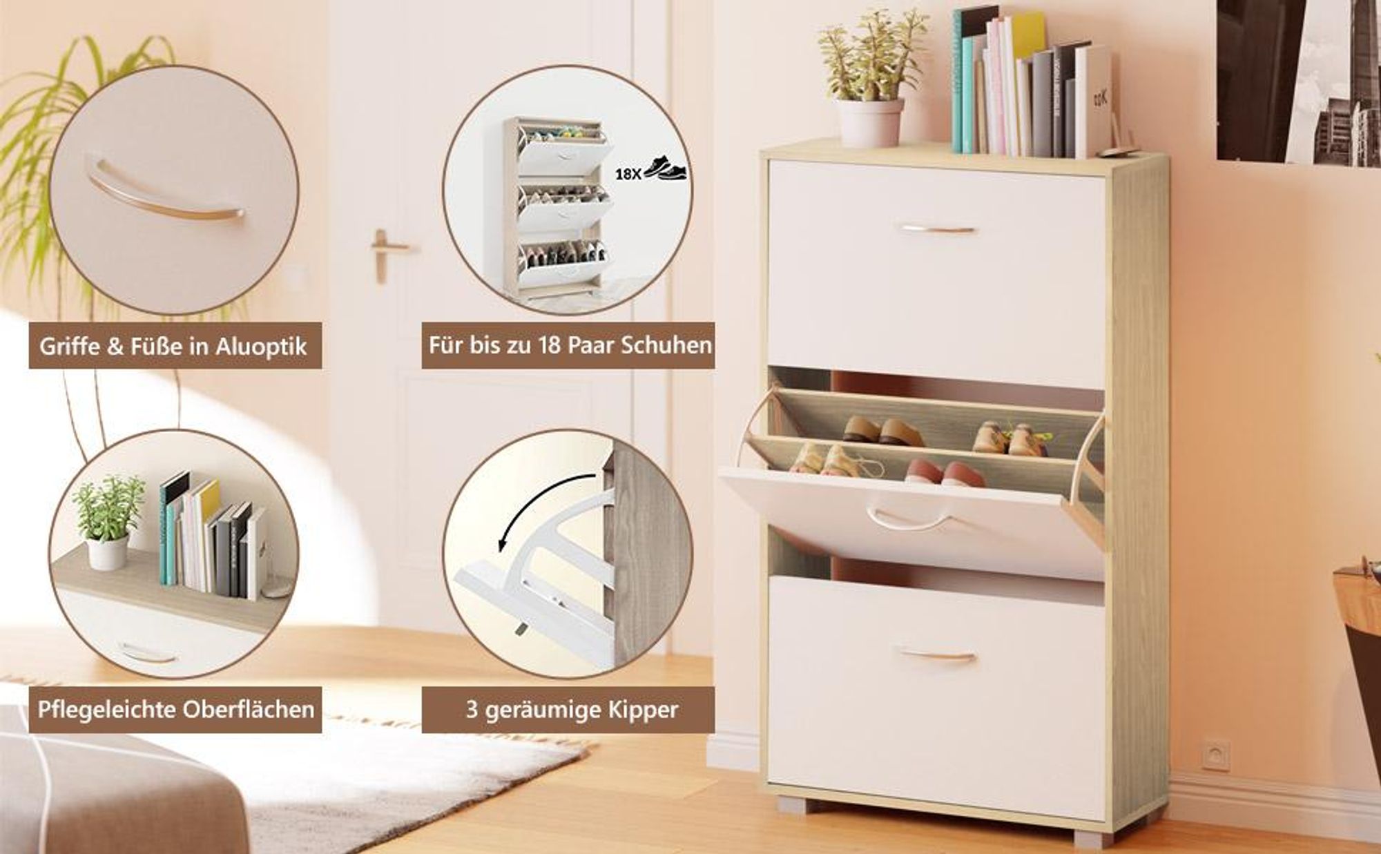 CASARIA Schuhschrank schmal für 18 Paar Schuhe, Eiche-Weiß