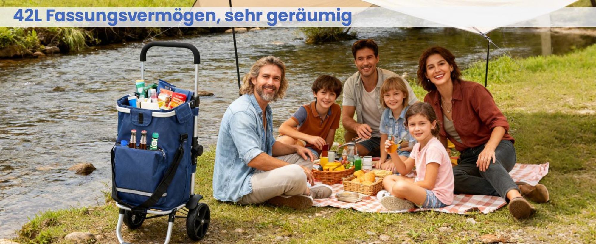 Sekey 3in1 Einkaufstrolley Klappbar Einkaufswagen mit Kühlfach, Spanngurt und höhenverstellbarem Griff, Blau