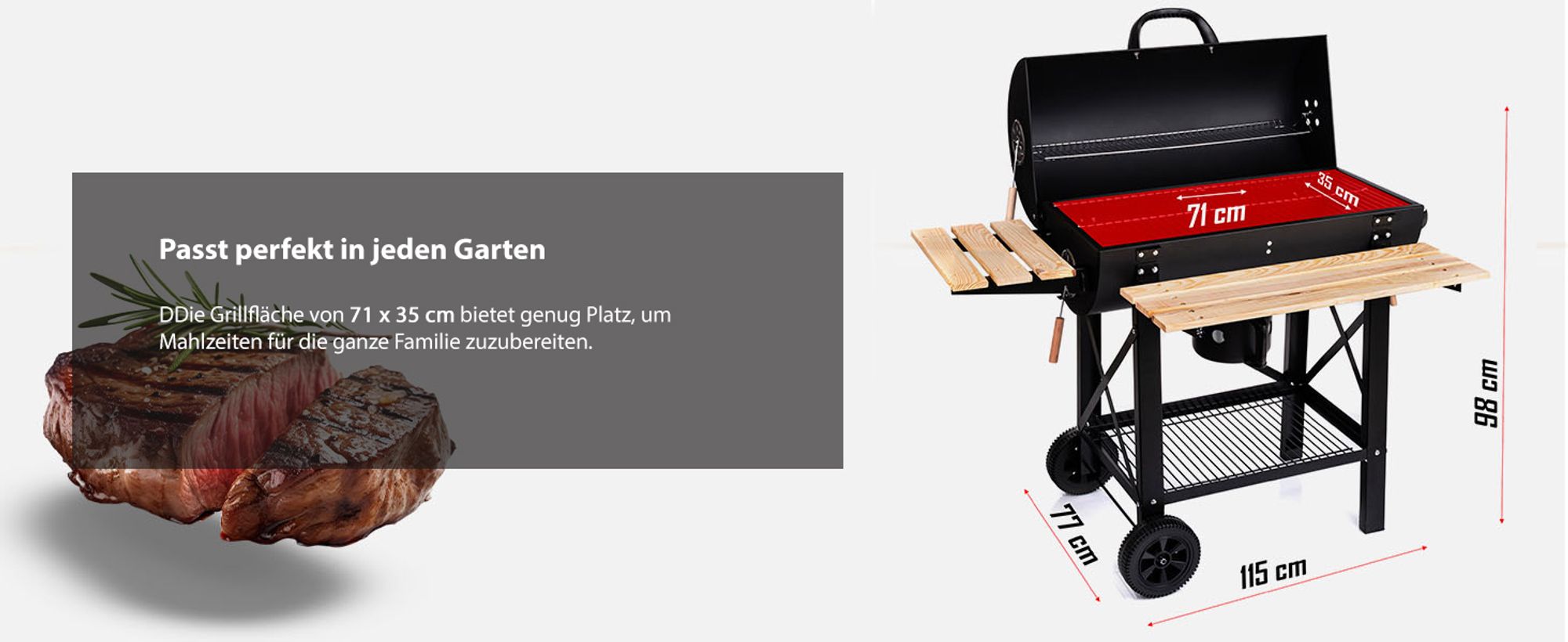 Lehmann Holzkohlengrill mit Grillrost, 2 Holzeinlegeböden, Deckel und Rädern