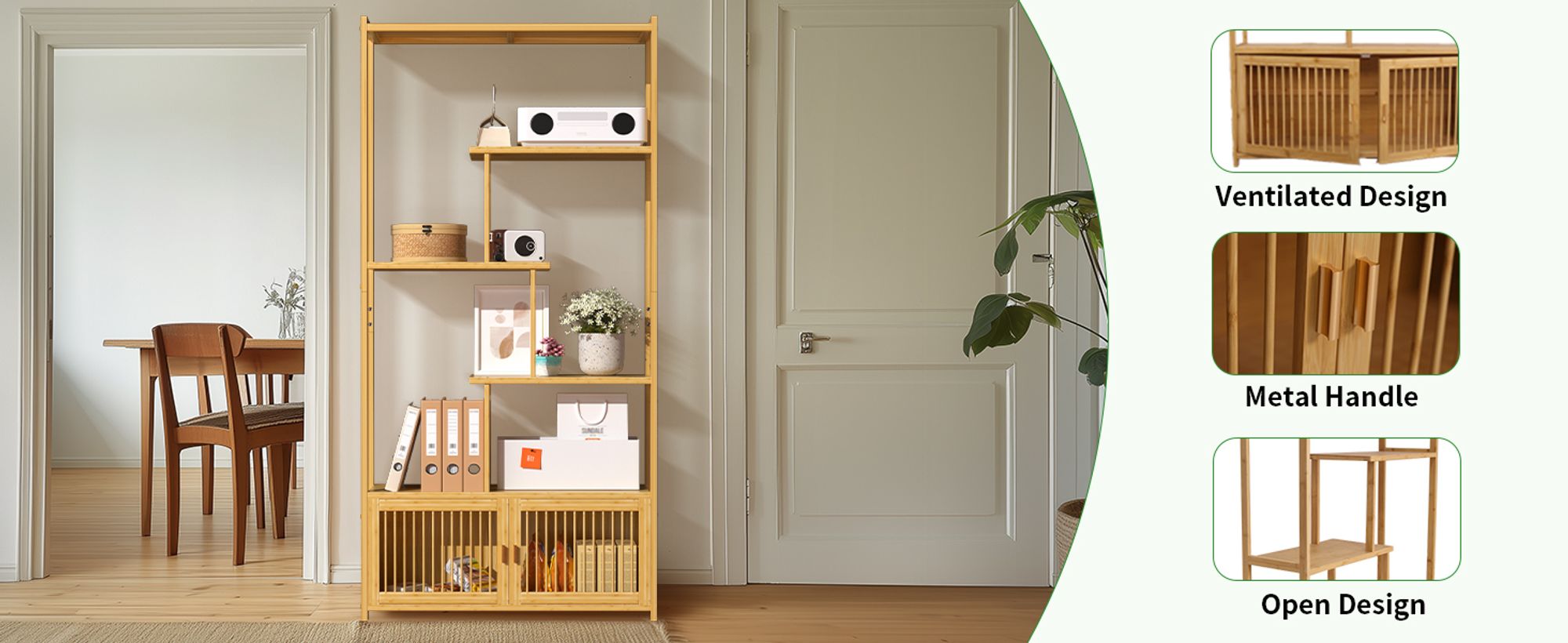 WISFOR Bücherregal mit 6 Ebenen, Bambus Büroregal mit Schrank, Standregal, Freistehendes Regal für Wohnzimmer, Bad, Küche, Natur, 85,5 x 28 x 176 cm