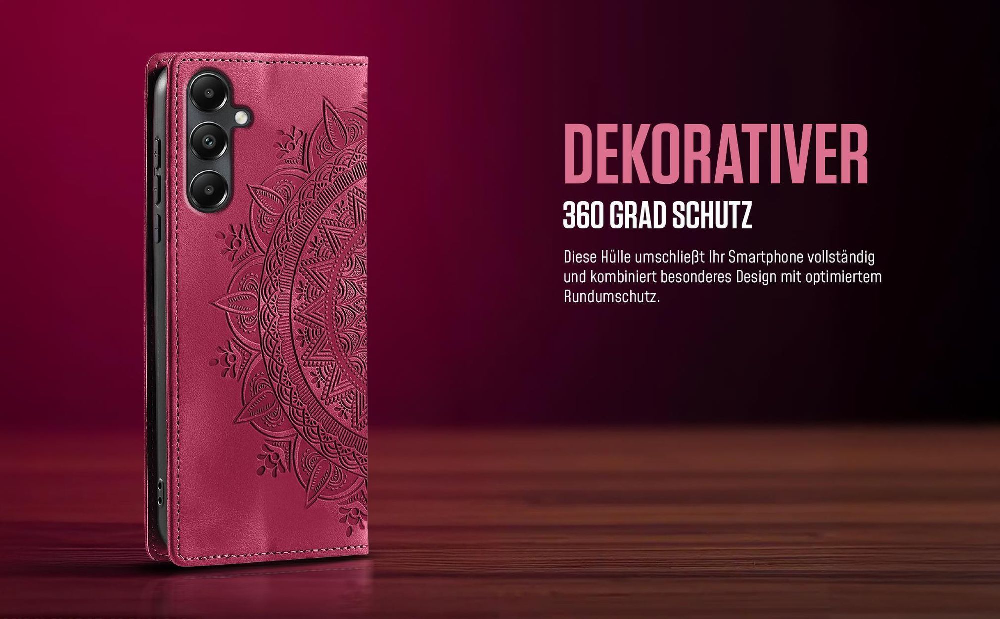 Mandala Flipcase in Magenta für Samsung Galaxy A14 mit 360 Grad Schutz
