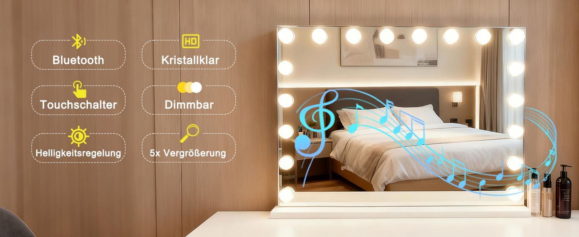 ZMH Schminkspiegel mit Beleuchtung 60X80CM Bluetooth 18 LED Großer Schminktischspiegel Licht Musik Vanity Mirror 3 Modi Tischspiegel Touch Dimmbar