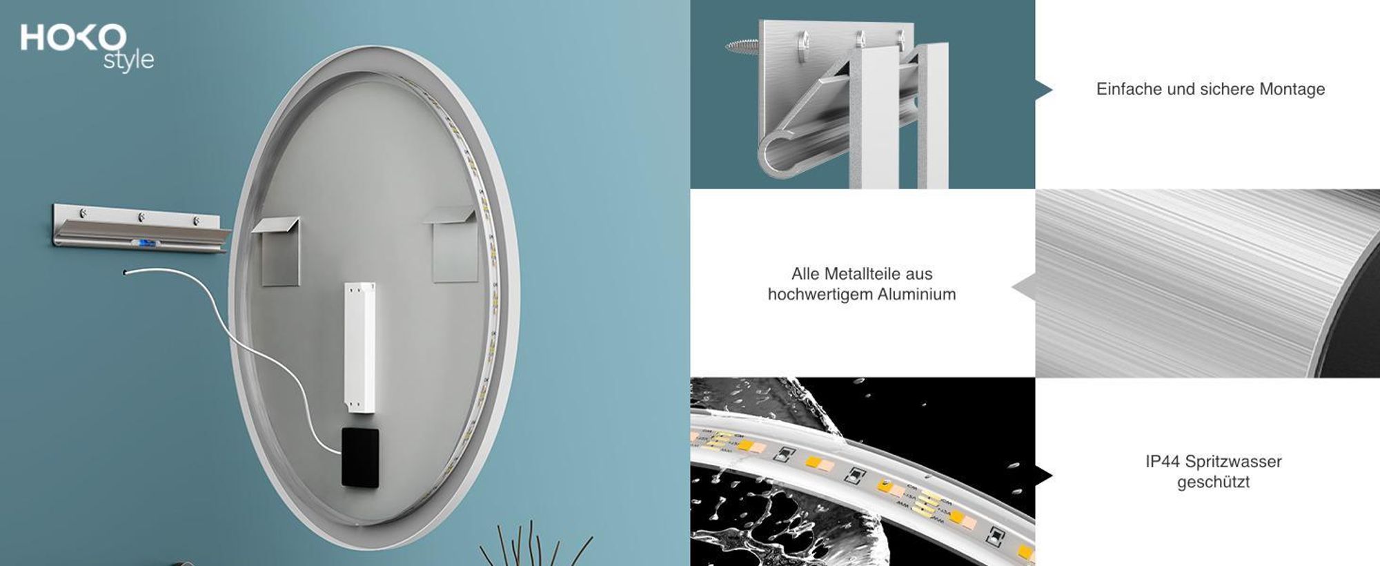 HOKO Design Badspiegel rund 80 cm Wien mit Metall Rahmen Weiß. Energiesparend LED beleuchtet + Touch Schalter + LED Licht Wechsel.
